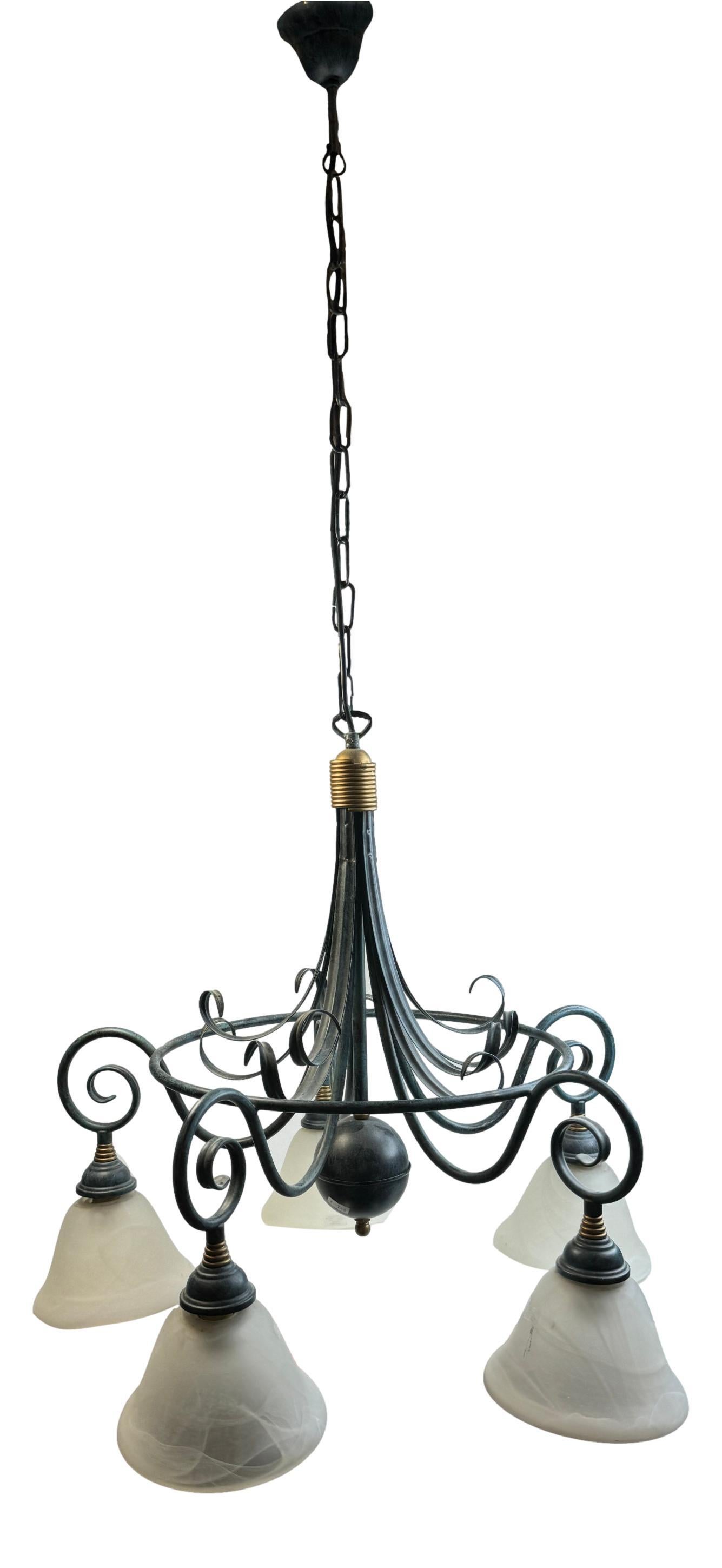 Farm House Tole Hollywood Regency Chandelier with Murano Shades Italy 1980s For Sale 2