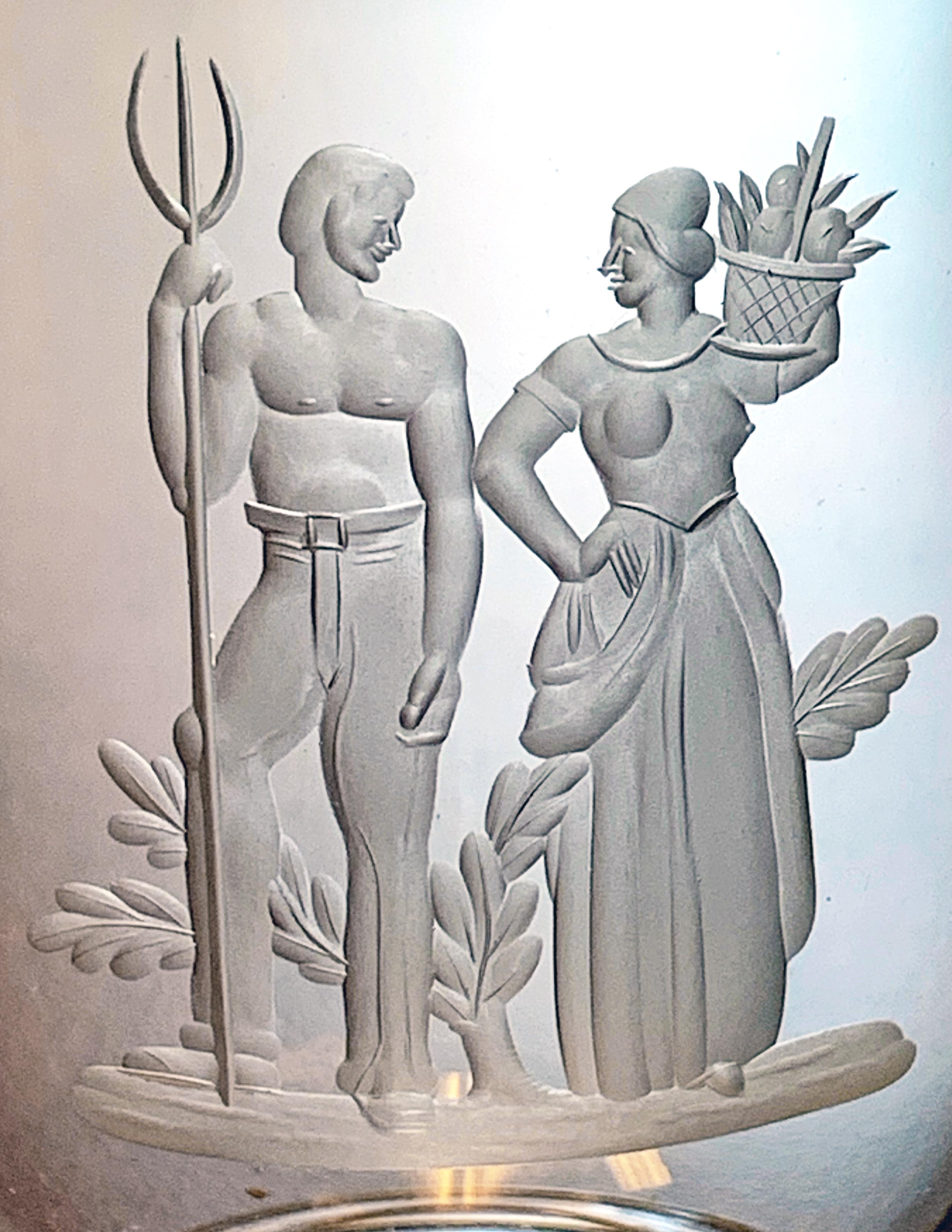 Designed by Sidney Waugh for the famed Steuben glass works, a part of the Corning Glass Company, this superbly engraved glass vase features a farming couple, the male figure holding a pitchfork and the female figure holding a basket of produce.