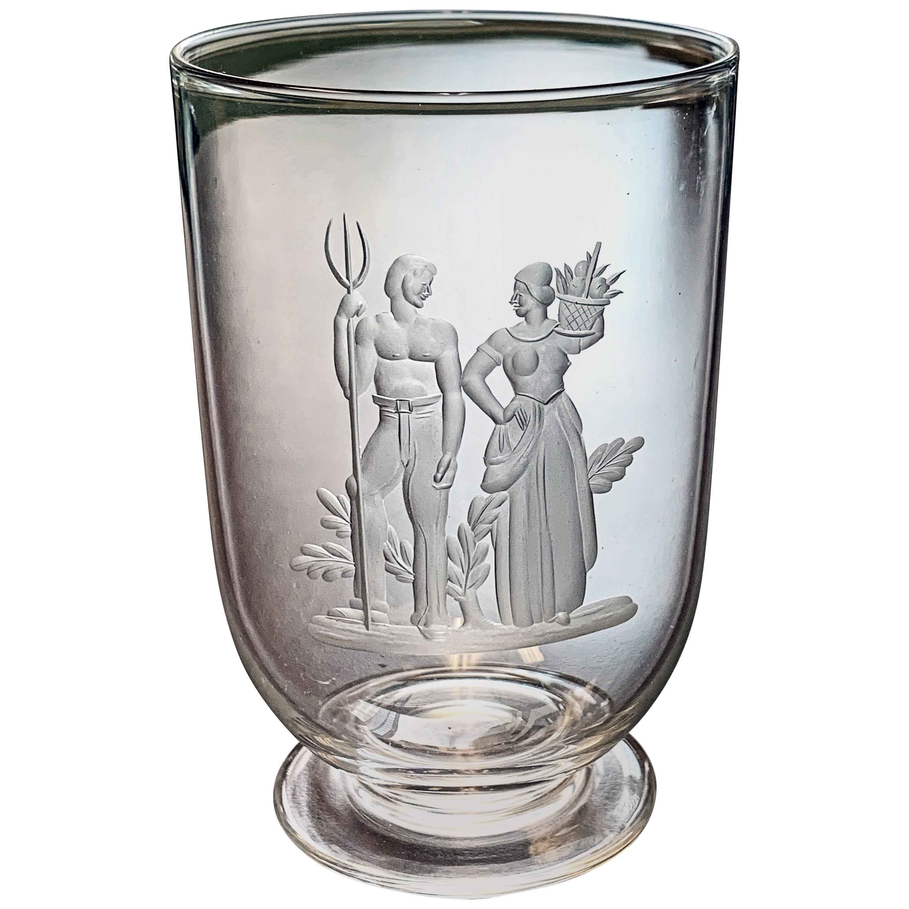 "Farm Laborers, " Rare Art Deco Engraved Steuben Vase Honoring Agriculture