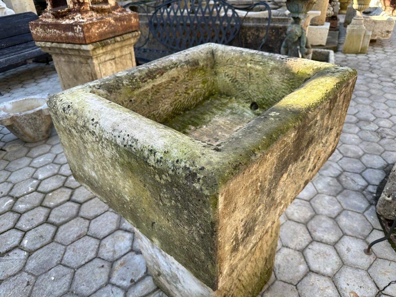 Farm Sink Hand Carved stone container Jardinière Trough Basin Planter Antique LA . 19th Century Stone container with beautiful Color and patina that keeps changing with the light and the seasons  as seen in the pictures. We had it mounted on a large