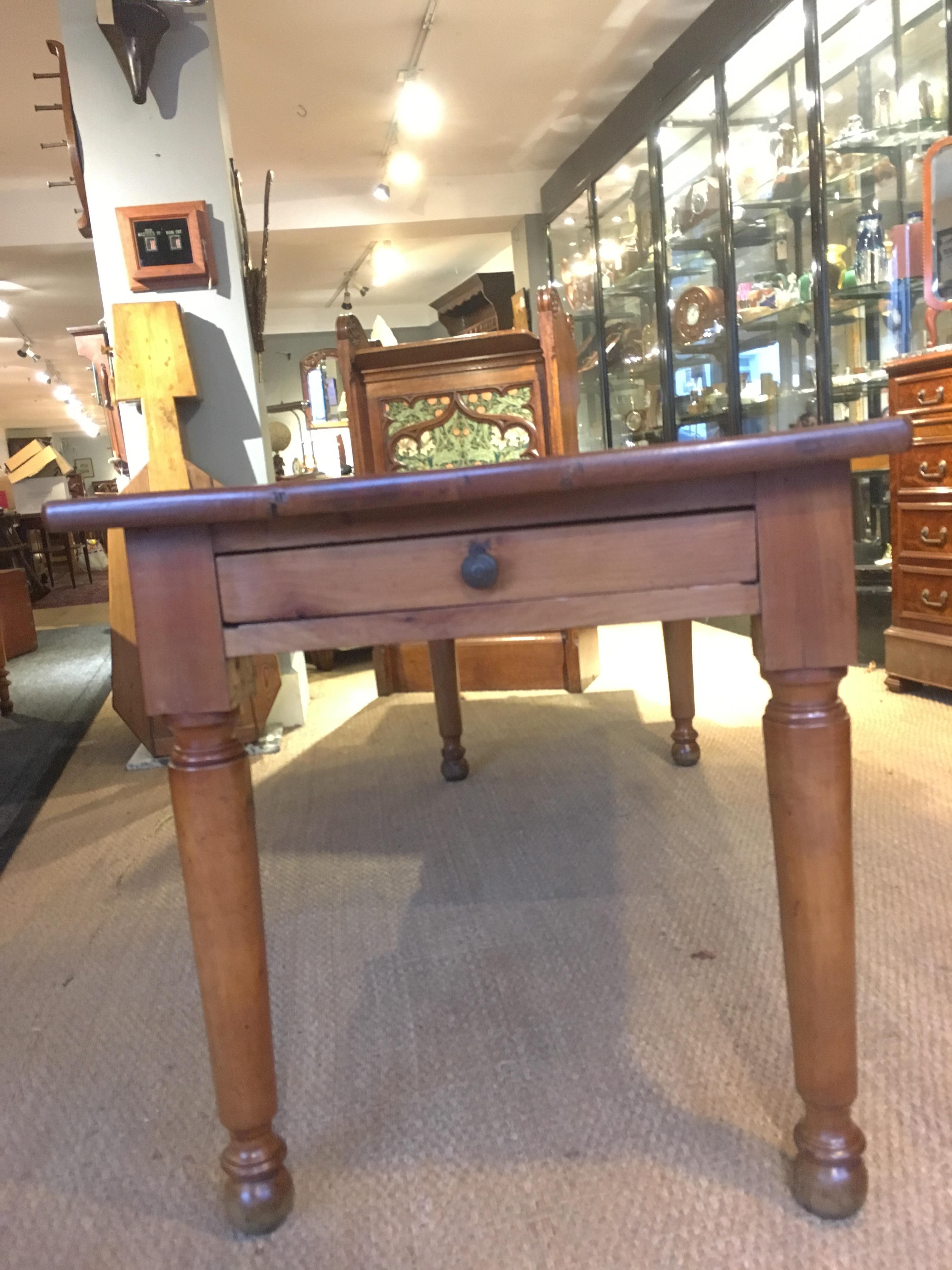 Good mid-19th century cherrywood farm house table, 6ft long.

Dating to around the 1850s with single drawer to one end, bread slide to the other 

This piece has been through our workshops, cleaned polished any wood worm thoroughly treated