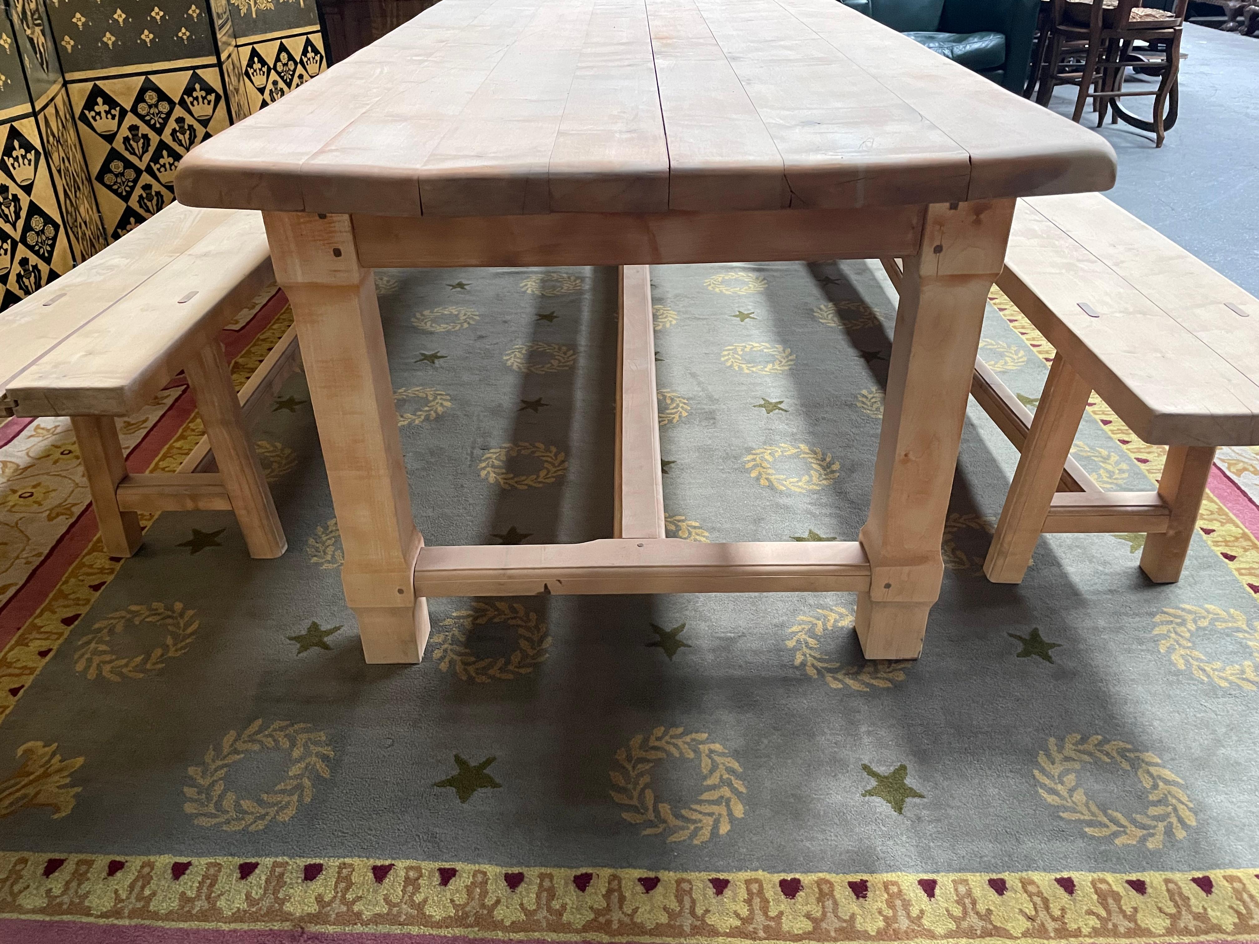 Wood Farm Table in Beech and Its Two Benches For Sale