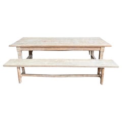 Vintage Farm Table in Beech and Its Two Benches