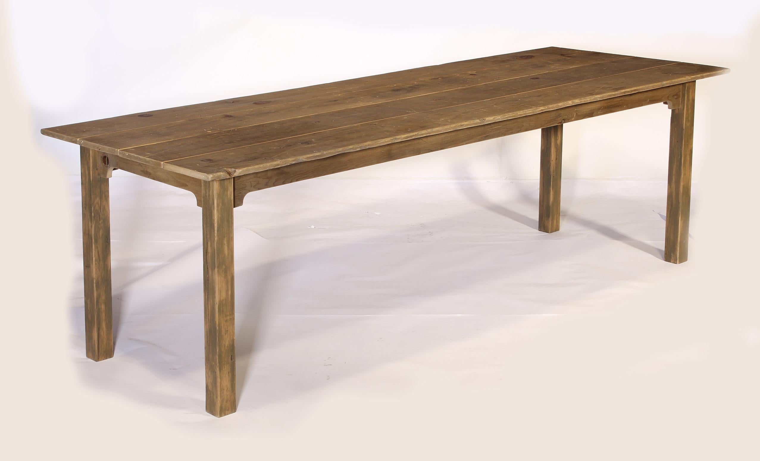 Pine tops were originally used as tobacco sorting tables in New England. Beautifully aged wood with rich history. Table measures eight feet in length, thirty four and a half inches in width, and stands 30 inches tall. Stunning farm / harvest /