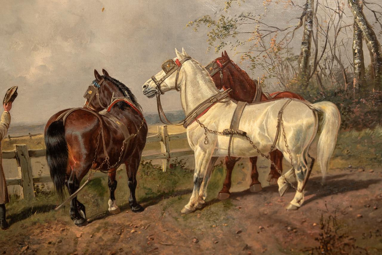 Victorien tardif Paysan et scène de chasse Huile sur toile Peinture de S J Clark en vente