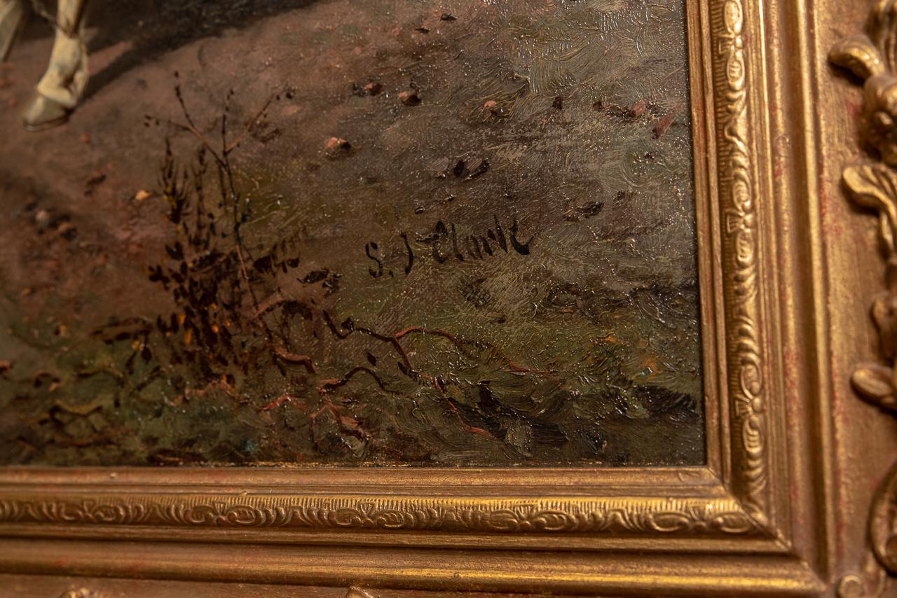 Anglais Paysan et scène de chasse Huile sur toile Peinture de S J Clark en vente