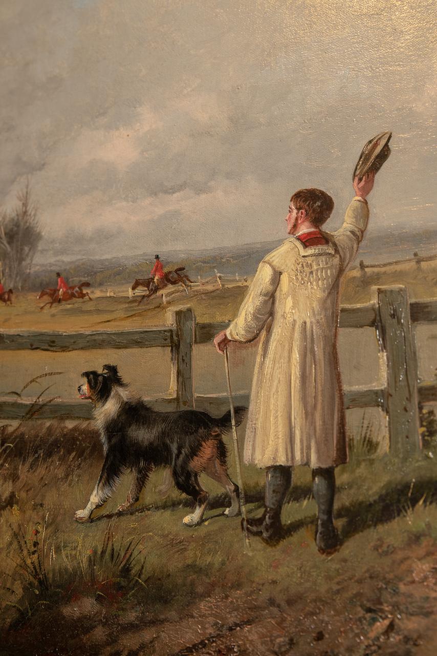Farmer and Hunt Scene Oil on Canvas Painting by S J Clark In Good Condition For Sale In Cheltenham, GB