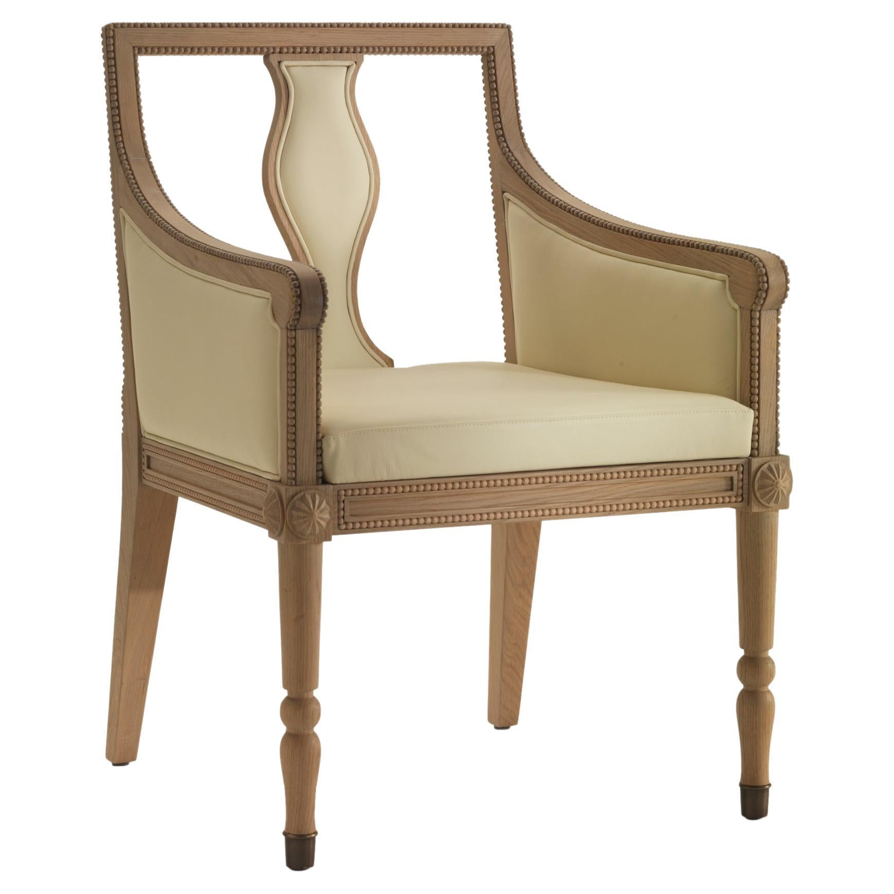 Farmer George Beige Wooden Dining Chair in Oak Covered in Leather & Shaped Back For Sale