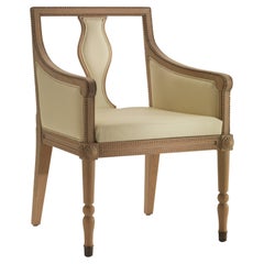 Farmer George Beige Wooden Dining Chair in Oak Covered in Leather & Shaped Back