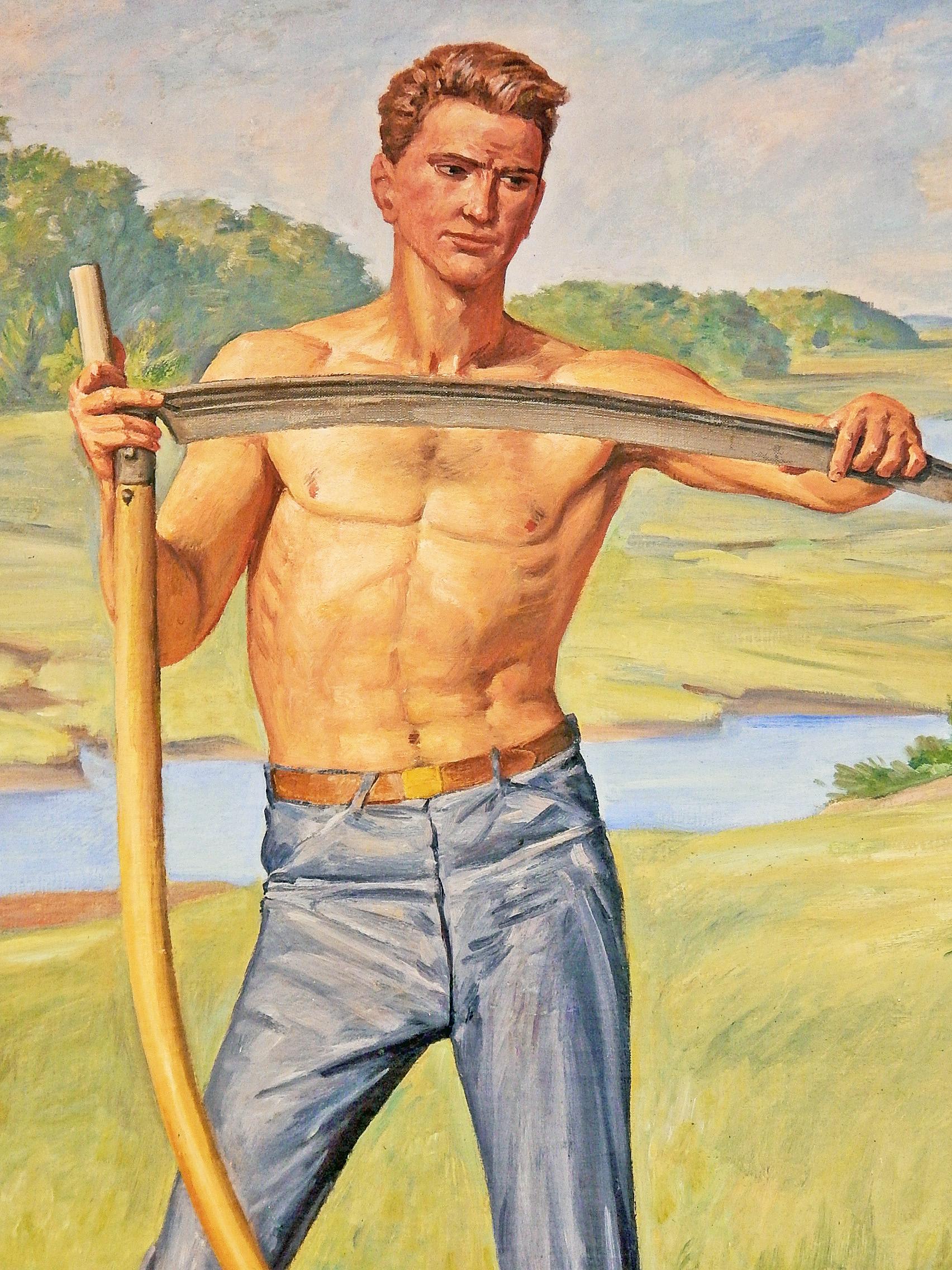 Drenched with sun and full of optimism, this depiction of a shirtless farm worker, with scythe in hand, is a high-spirited paean to the American laborer, at a time when the Works Progress Administration and other institutions were commissioning