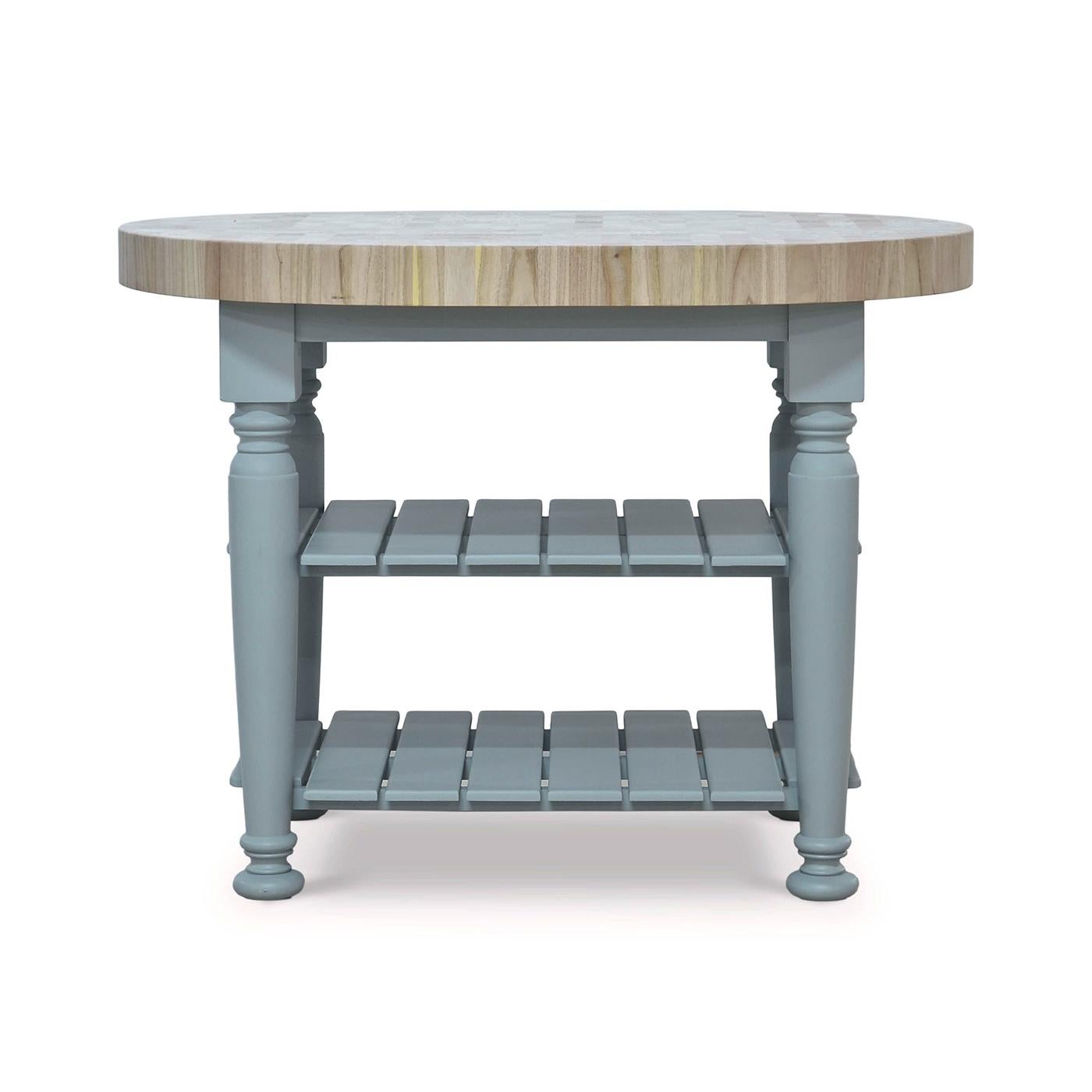 This exquisite piece is crafted from high-quality wood, featuring a sturdy oval butcher block top perfect for food preparation and display. The pale blue finish on the base adds a touch of vintage elegance, making it a standout addition to any
