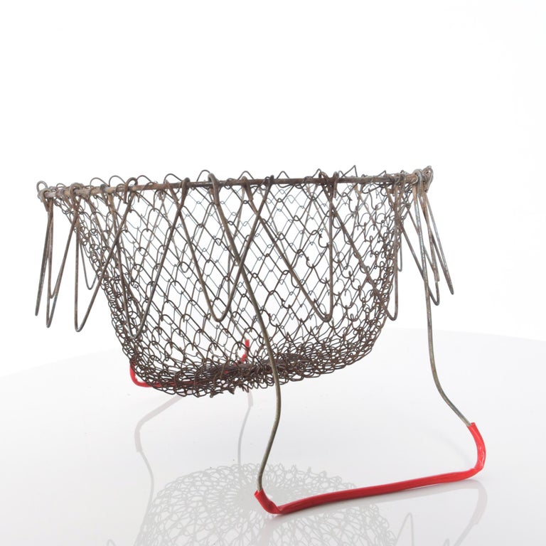 Country Farmhouse Chic Red Wire Egg Basket Carry All with Intricate Modern Mesh Grid For Sale