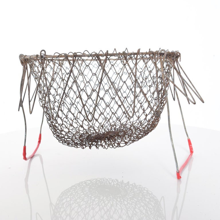 American Farmhouse Chic Red Wire Egg Basket Carry All with Intricate Modern Mesh Grid For Sale