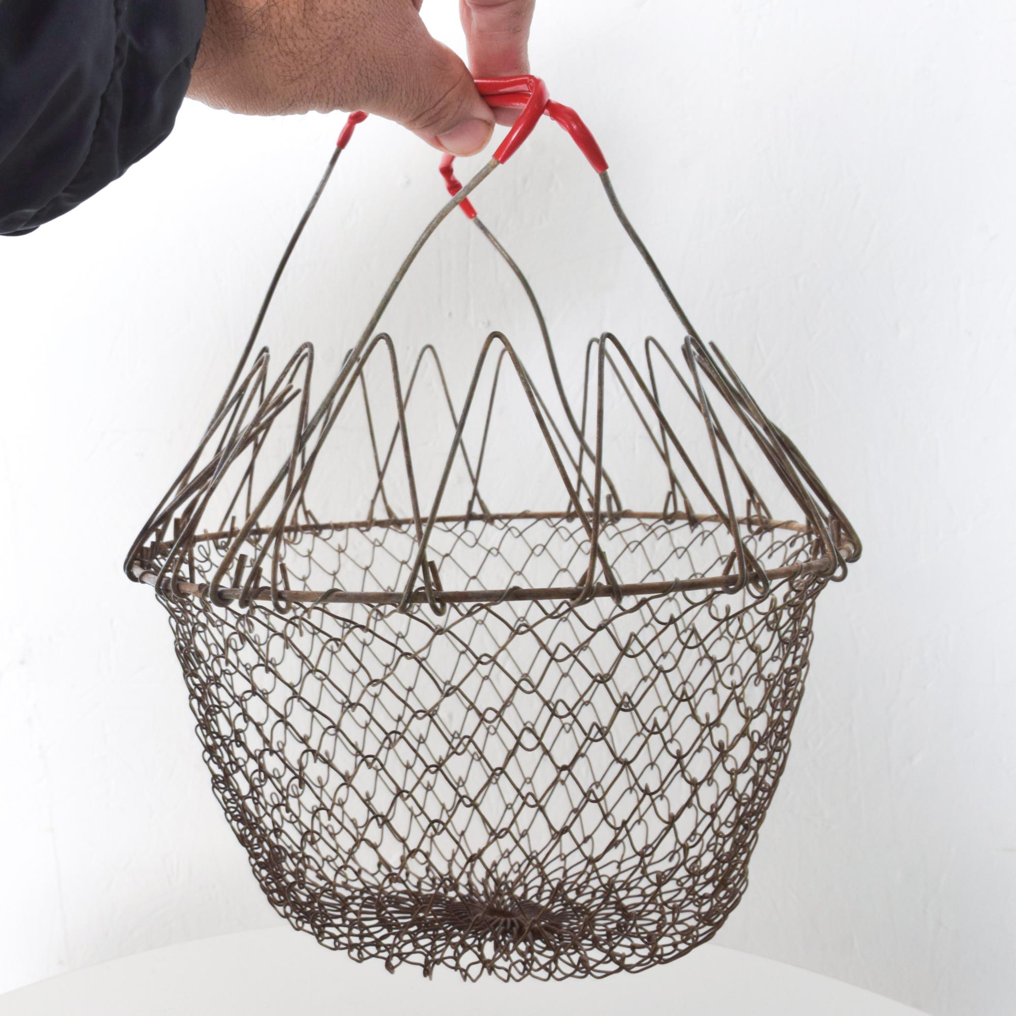 Country Rustic Farmhouse Chic Red Wire Basket Intricate Mesh Grid