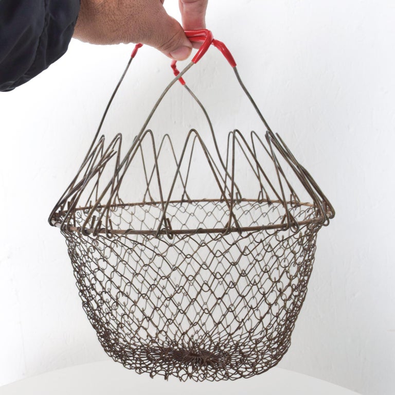 Mid-20th Century Farmhouse Chic Red Wire Egg Basket Carry All with Intricate Modern Mesh Grid For Sale