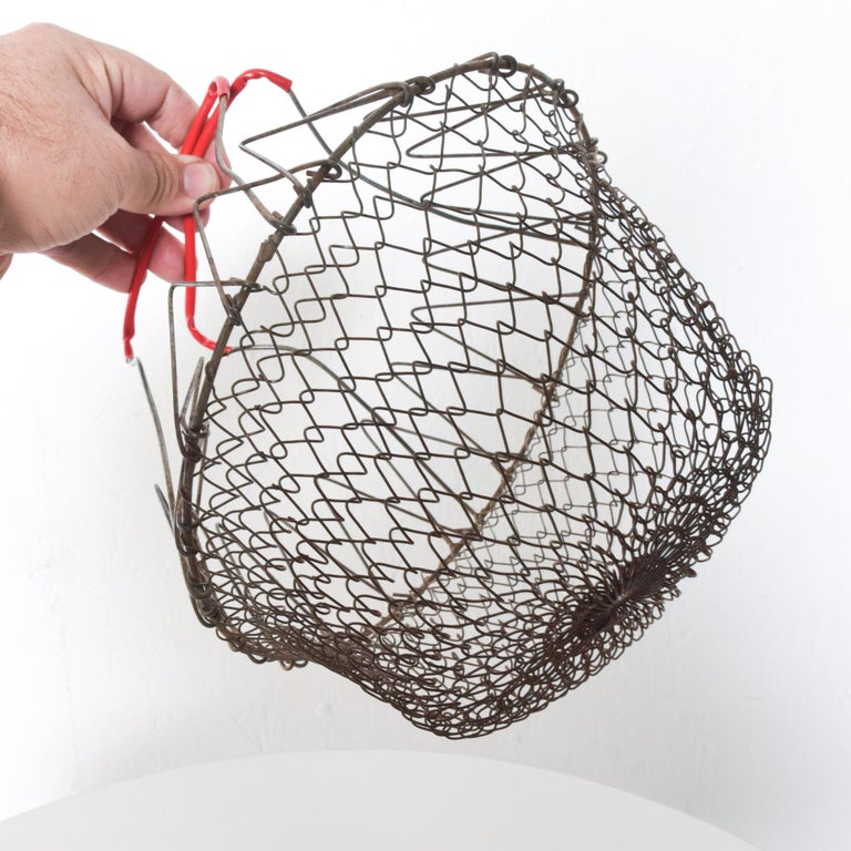 Farmhouse Chic Red Wire Egg Basket Carry All with Intricate Modern Mesh Grid For Sale 1