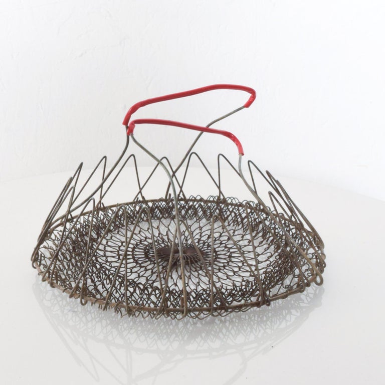 Farmhouse Chic Red Wire Egg Basket Carry All with Intricate Modern Mesh Grid For Sale 2