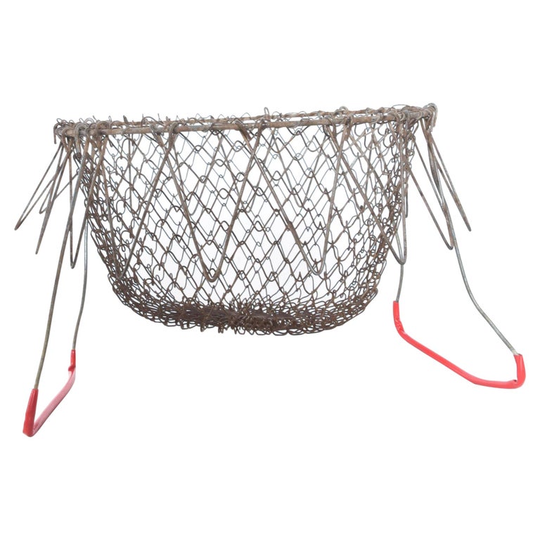 Farmhouse Chic Red Wire Egg Basket Carry All with Intricate Modern Mesh Grid For Sale
