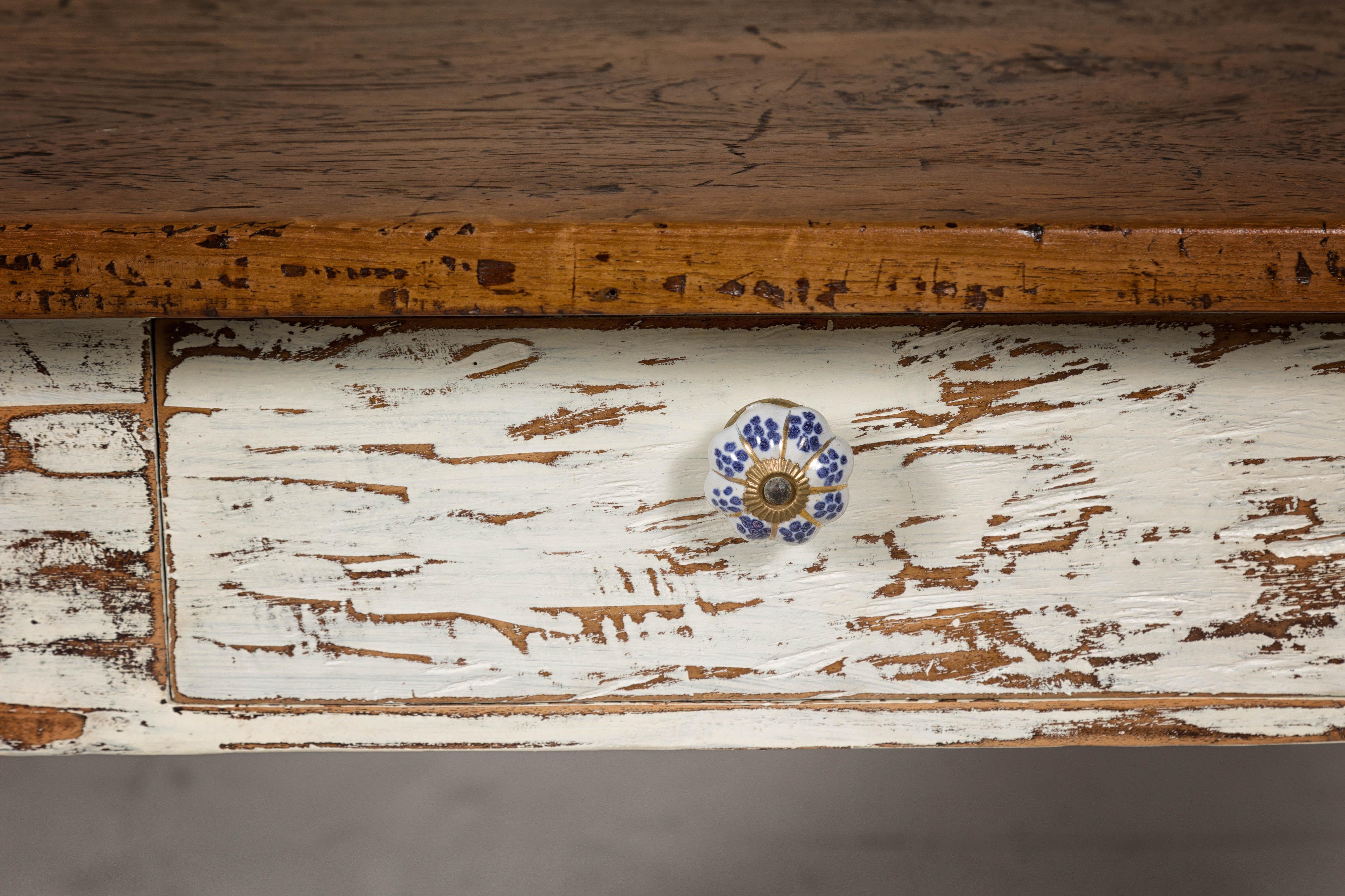 Farmhouse Chic White Distressed Sofa Table with Single Drawer and Tapered Legs For Sale 3