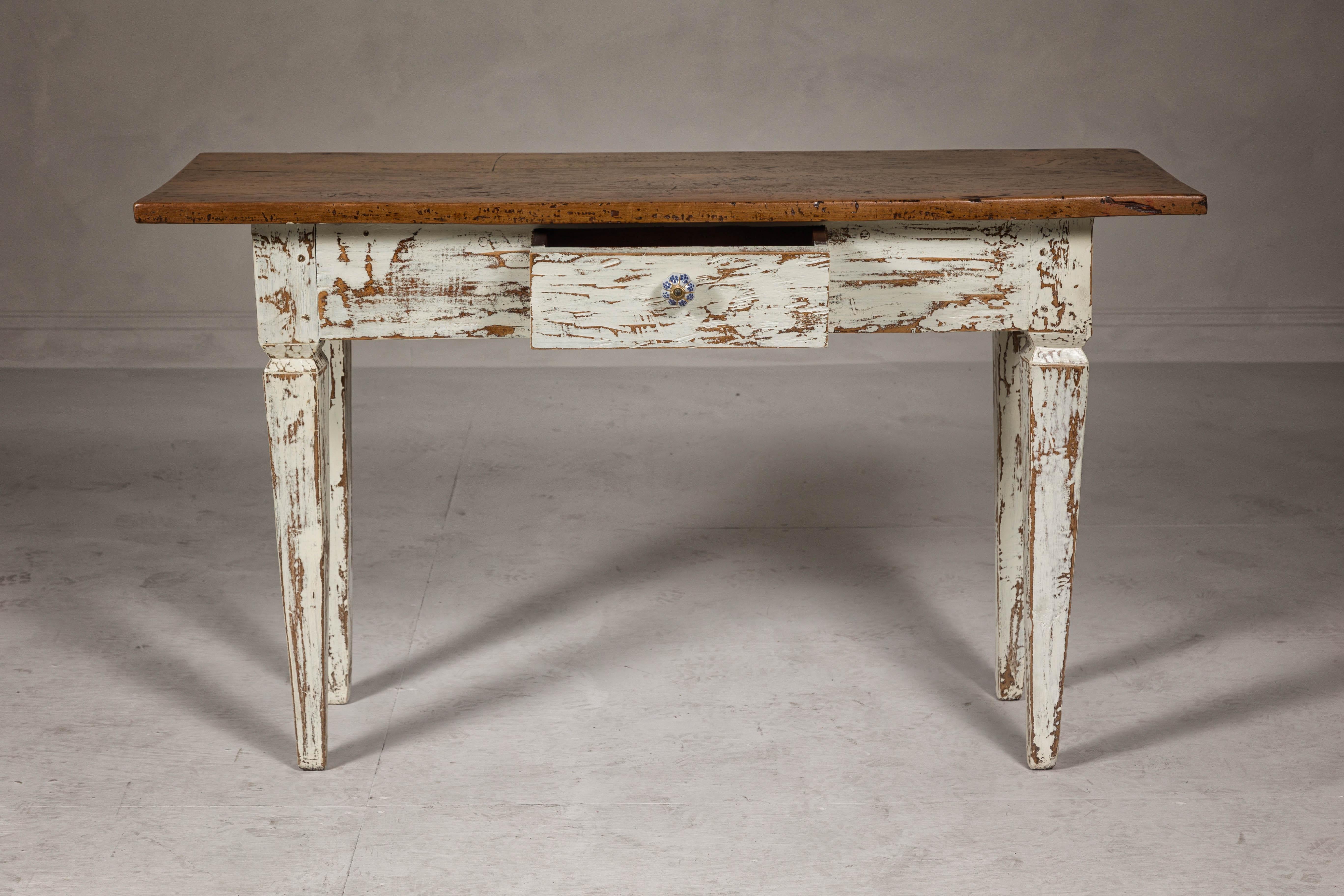 Farmhouse Chic White Distressed Sofa Table with Single Drawer and Tapered Legs For Sale 4