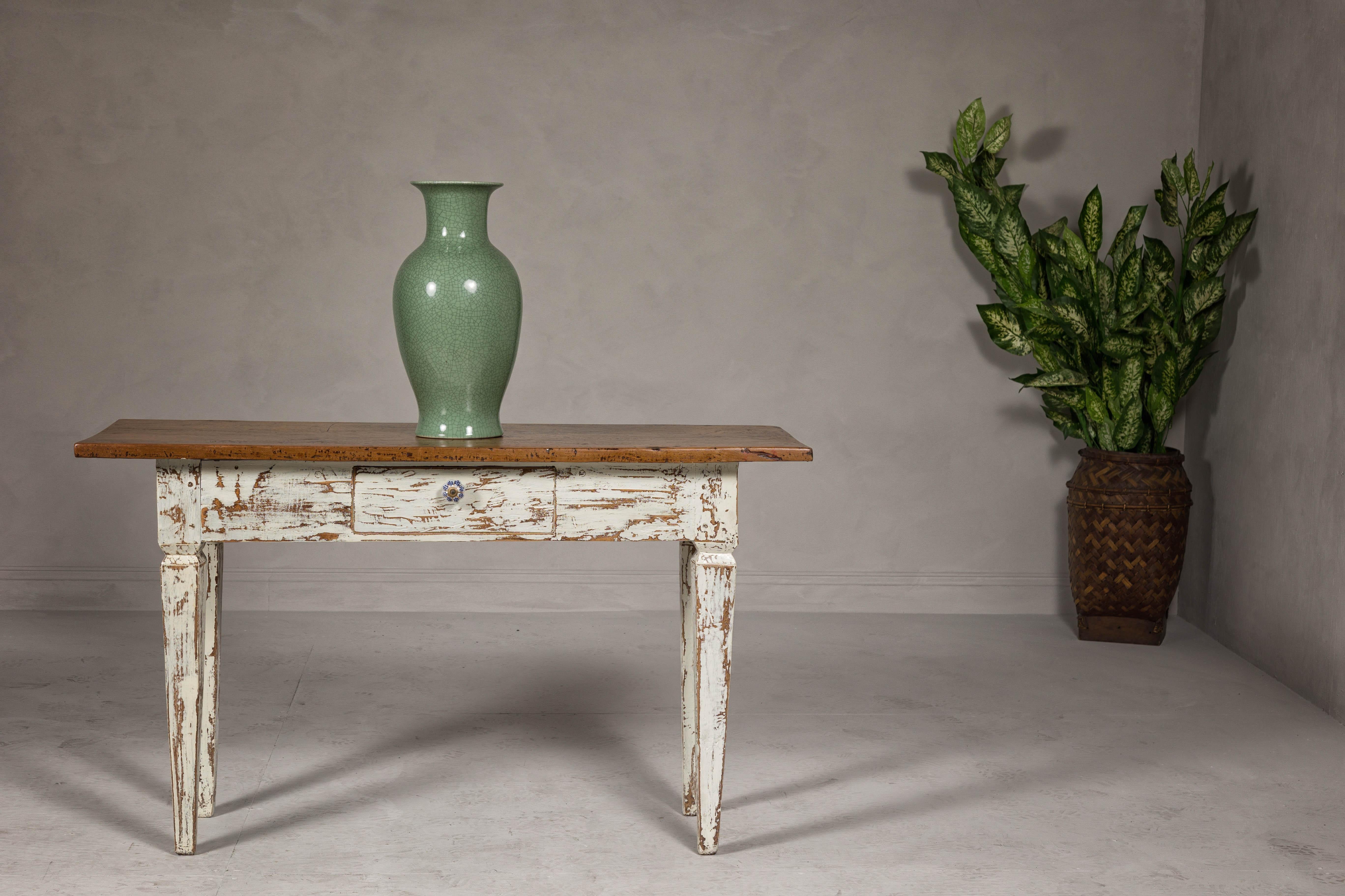 Farmhouse Chic White Distressed Sofa Table with Single Drawer and Tapered Legs For Sale 5