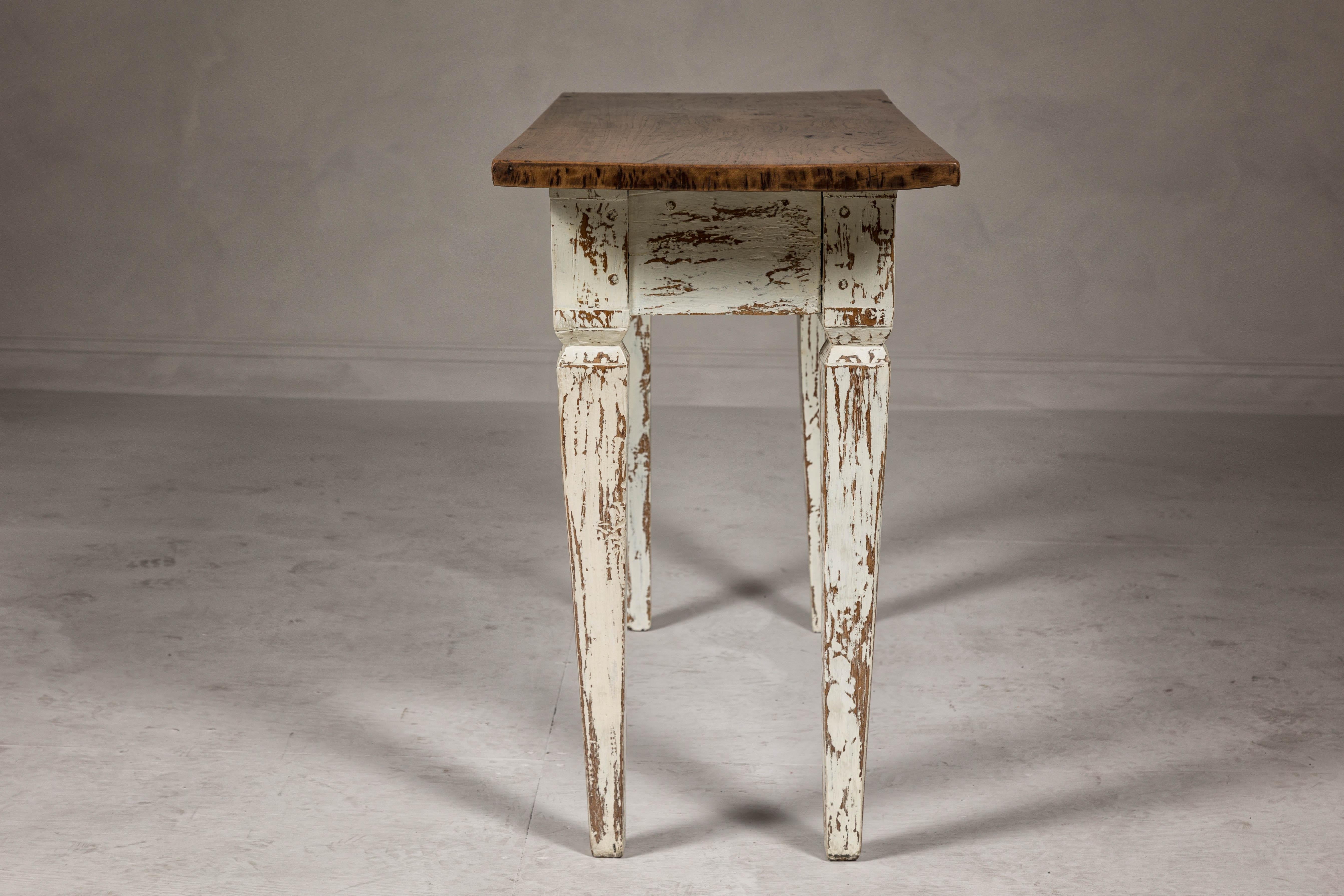 Farmhouse Chic White Distressed Sofa Table with Single Drawer and Tapered Legs For Sale 6