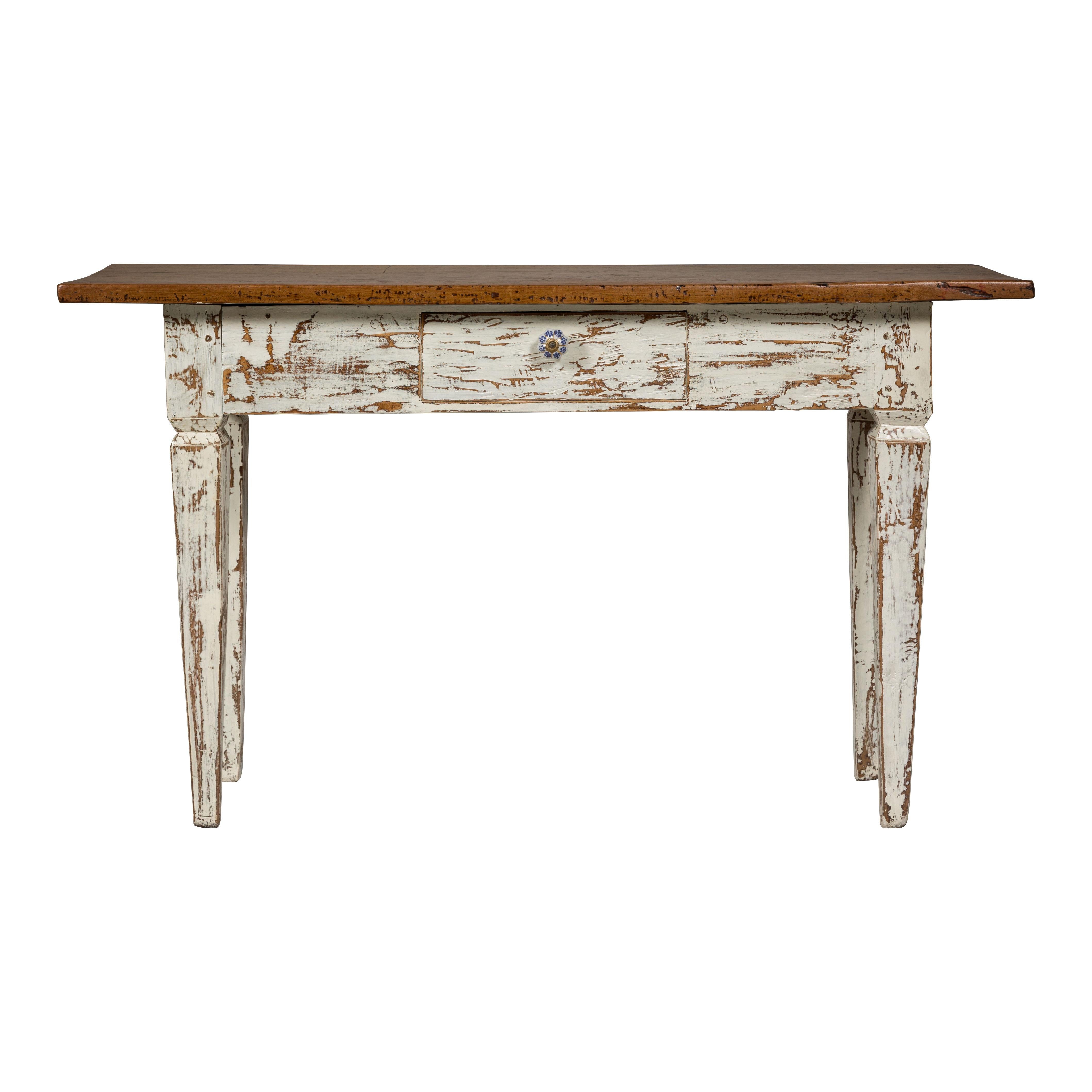 Farmhouse Chic White Distressed Sofa Table with Single Drawer and Tapered Legs For Sale 10