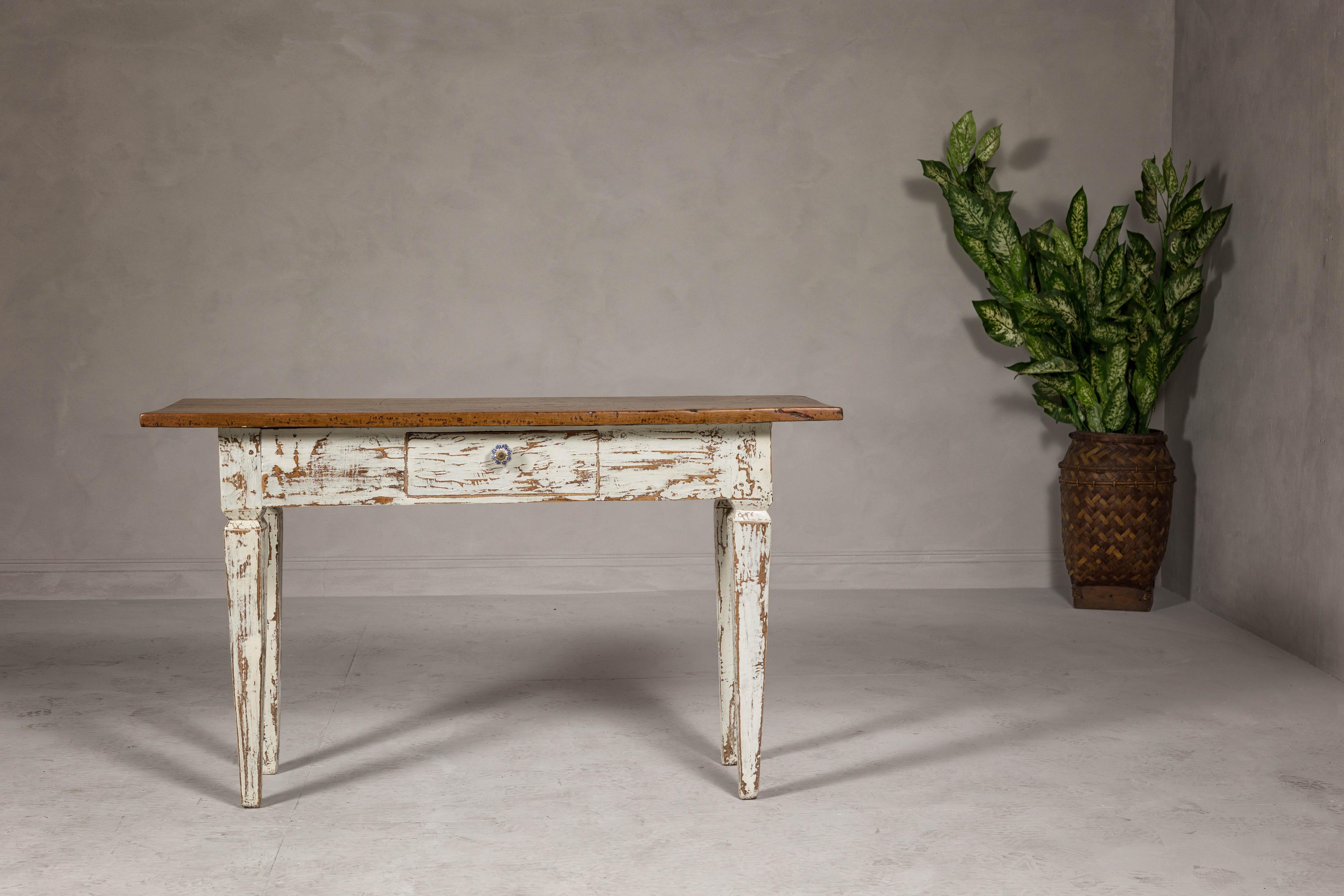 Country Farmhouse Chic White Distressed Sofa Table with Single Drawer and Tapered Legs For Sale