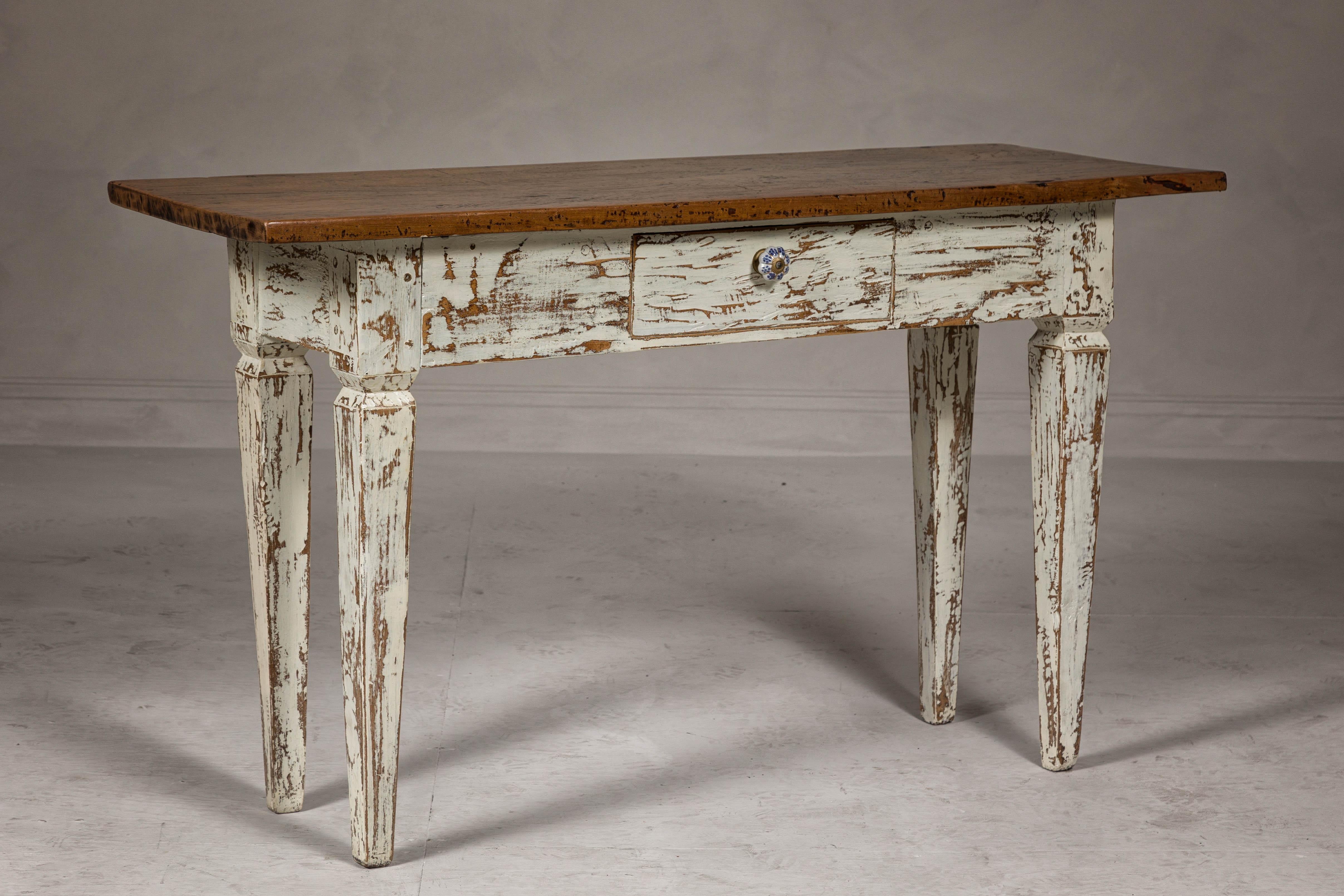 Hand-Painted Farmhouse Chic White Distressed Sofa Table with Single Drawer and Tapered Legs For Sale