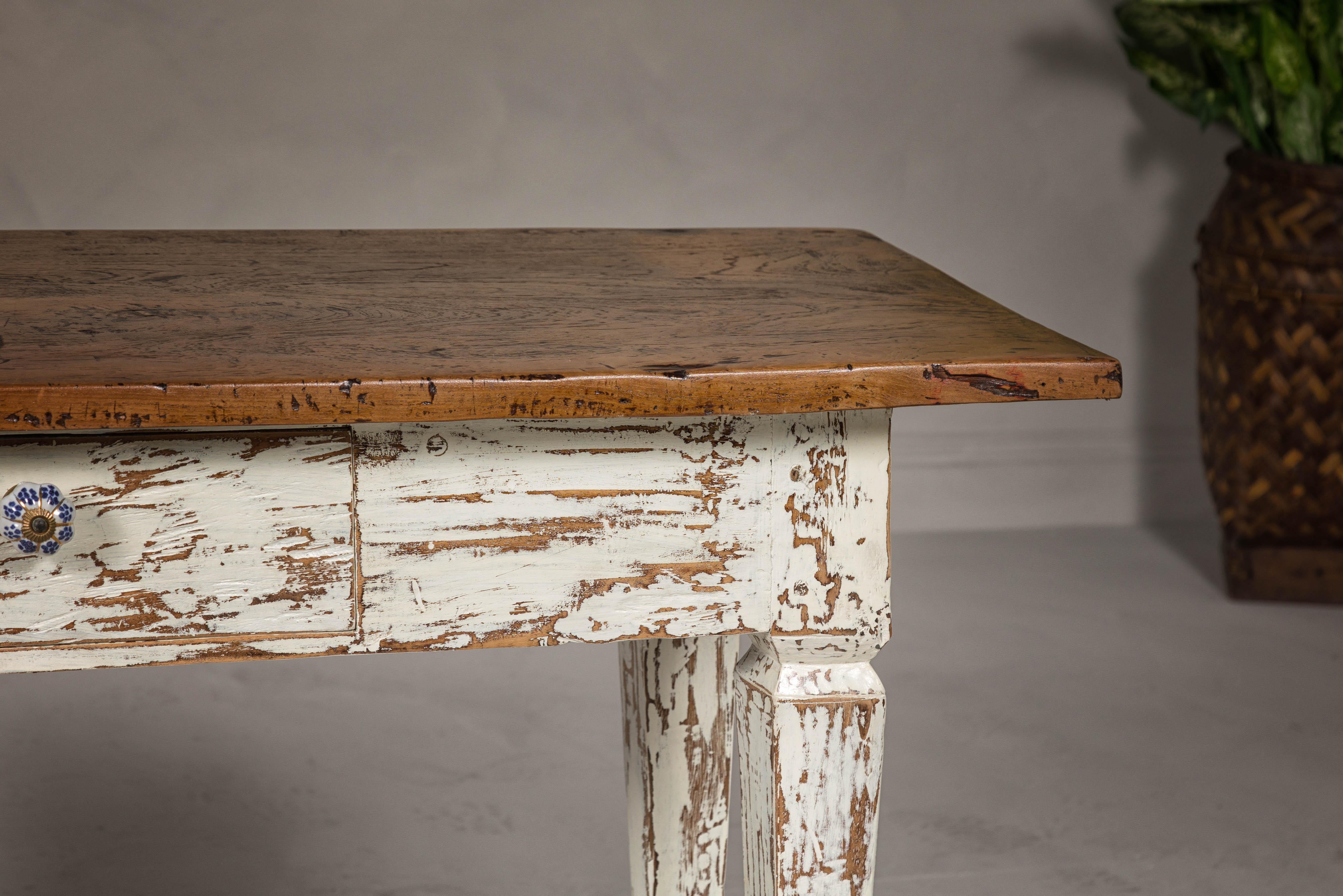 20th Century Farmhouse Chic White Distressed Sofa Table with Single Drawer and Tapered Legs For Sale