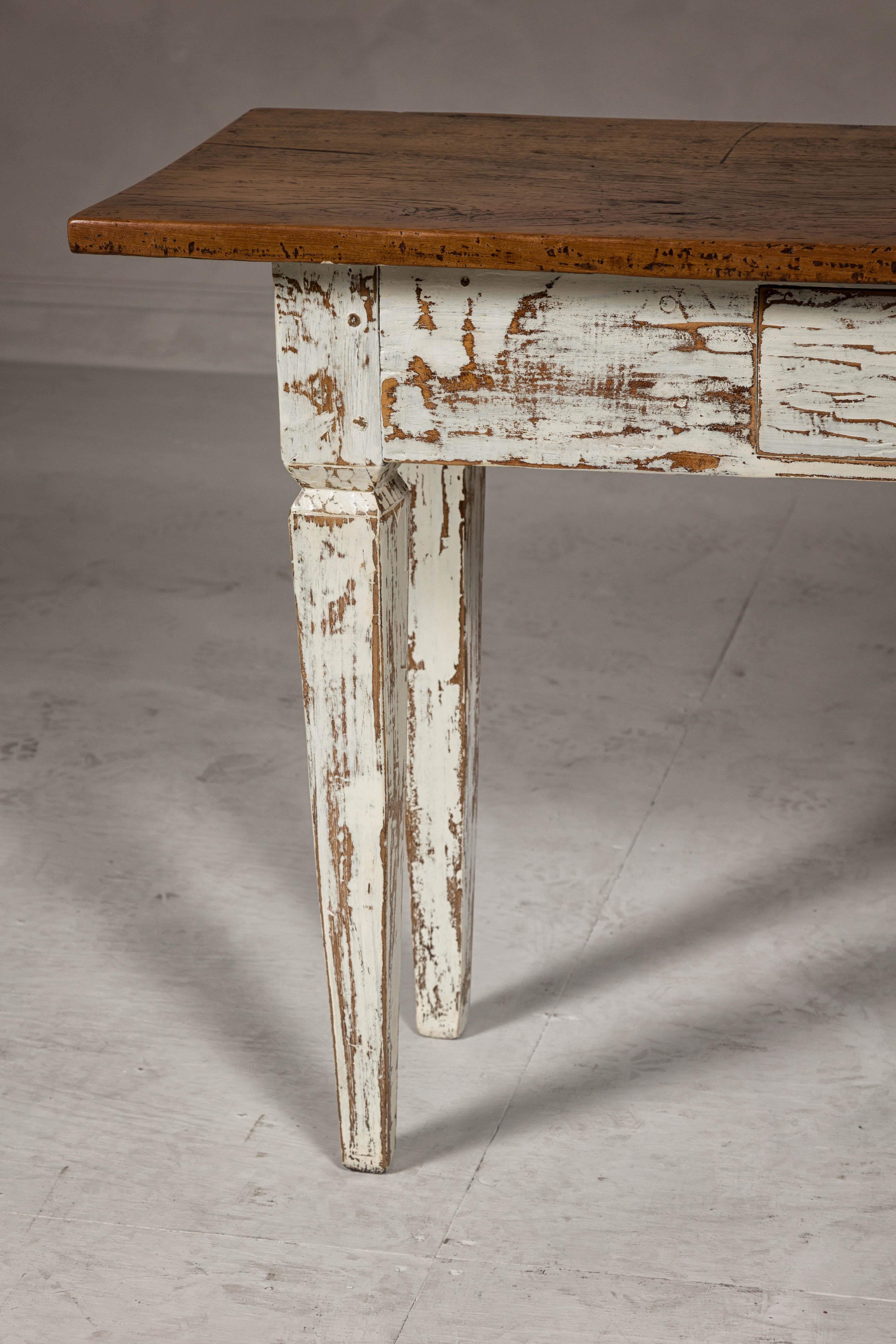 Ceramic Farmhouse Chic White Distressed Sofa Table with Single Drawer and Tapered Legs For Sale