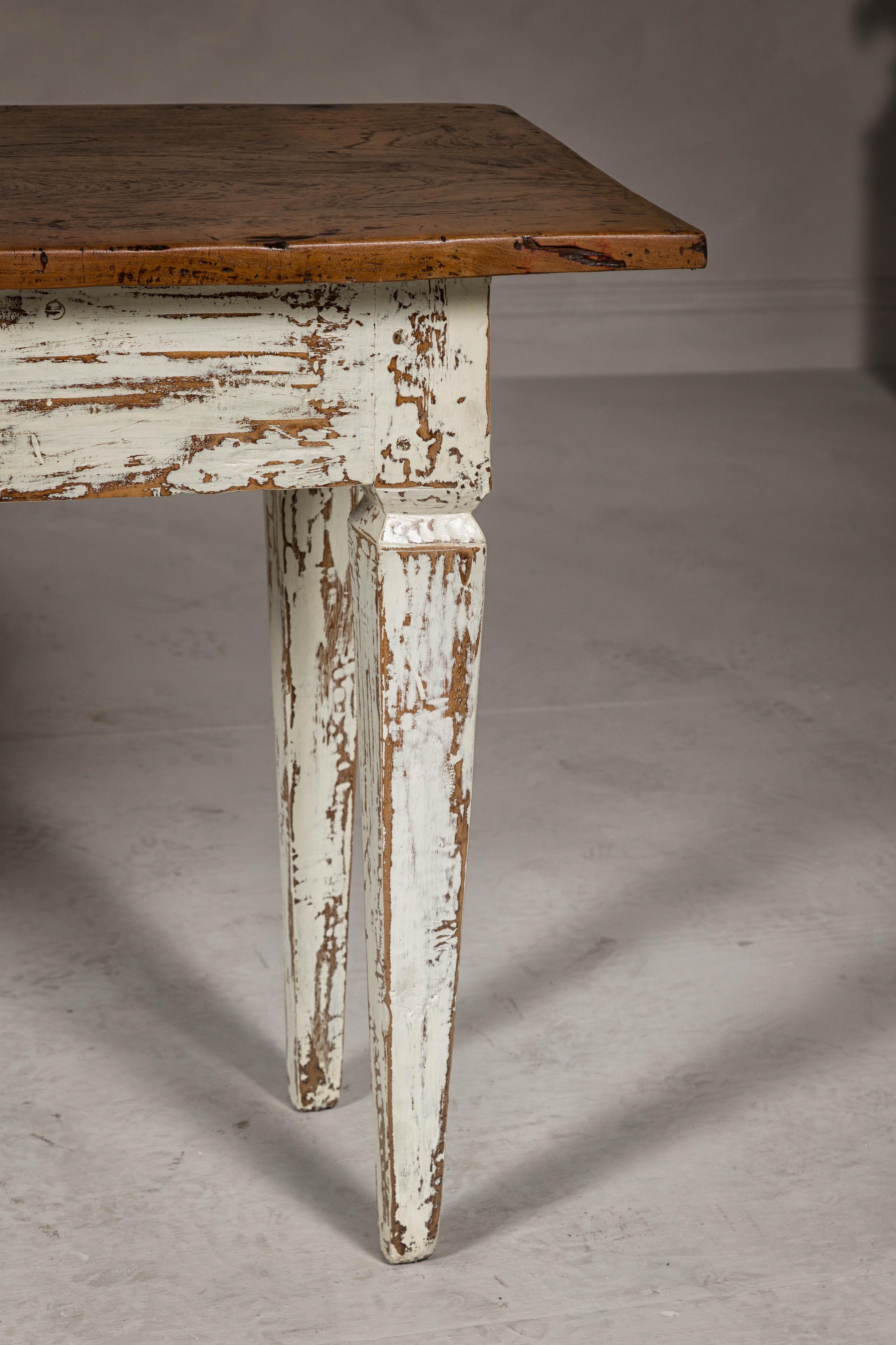 Farmhouse Chic White Distressed Sofa Table with Single Drawer and Tapered Legs For Sale 1