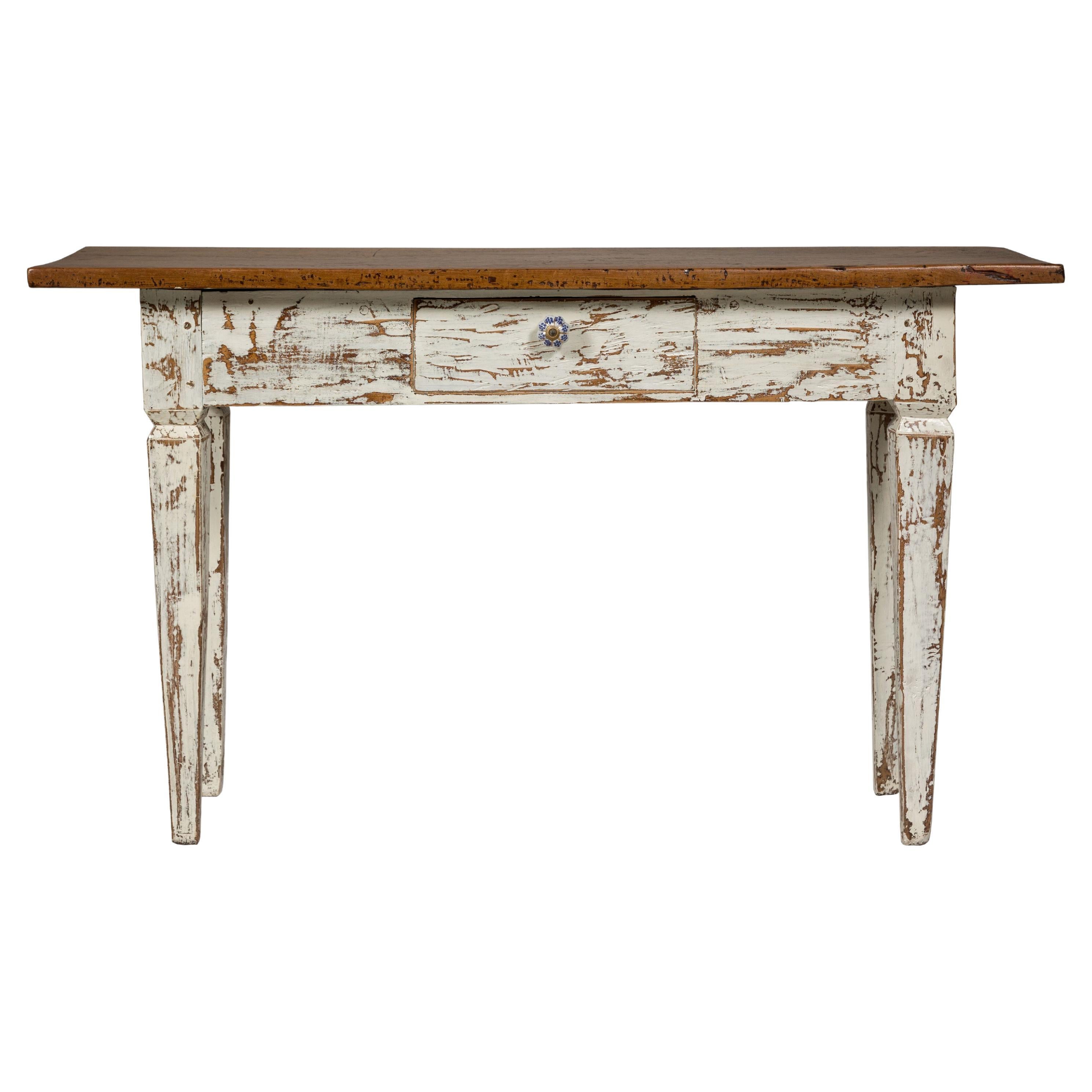 Farmhouse Chic White Distressed Sofa Table with Single Drawer and Tapered Legs For Sale