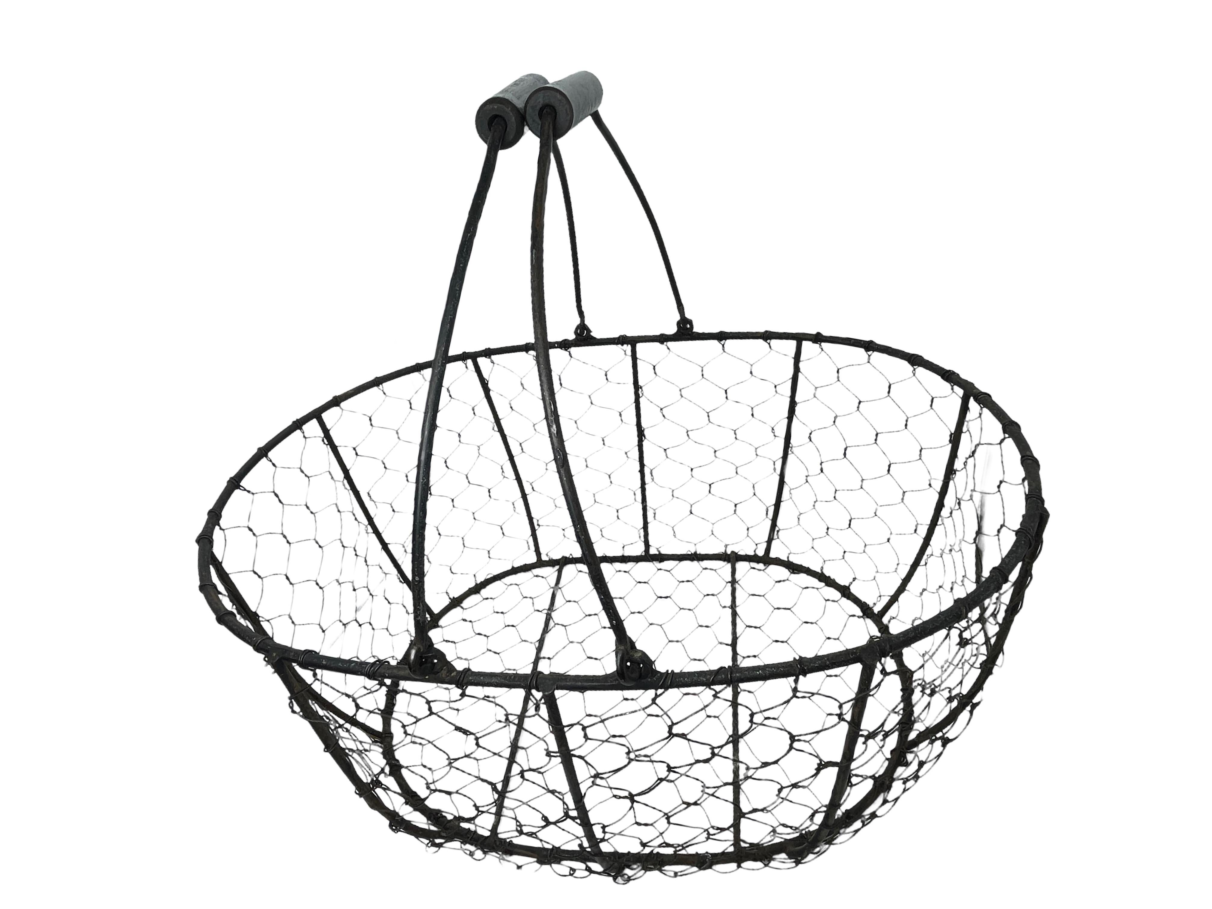 Folk Art Farmhouse Chicken Wire Egg Basket Carry All, Vintage Industrial Austria For Sale