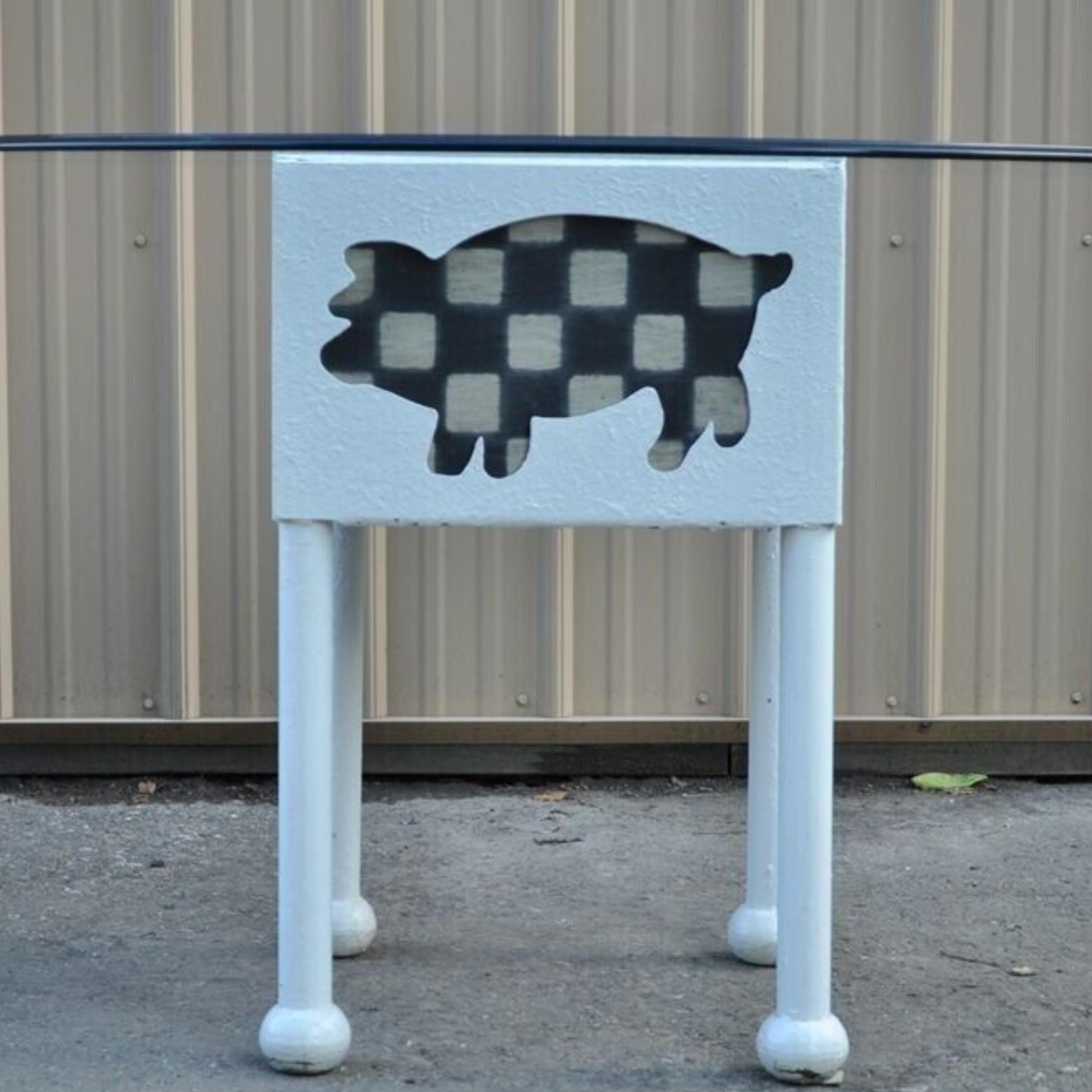 Farmhouse Cow & Pig Painted White & Black Metal & Glass Island Center Table For Sale 7