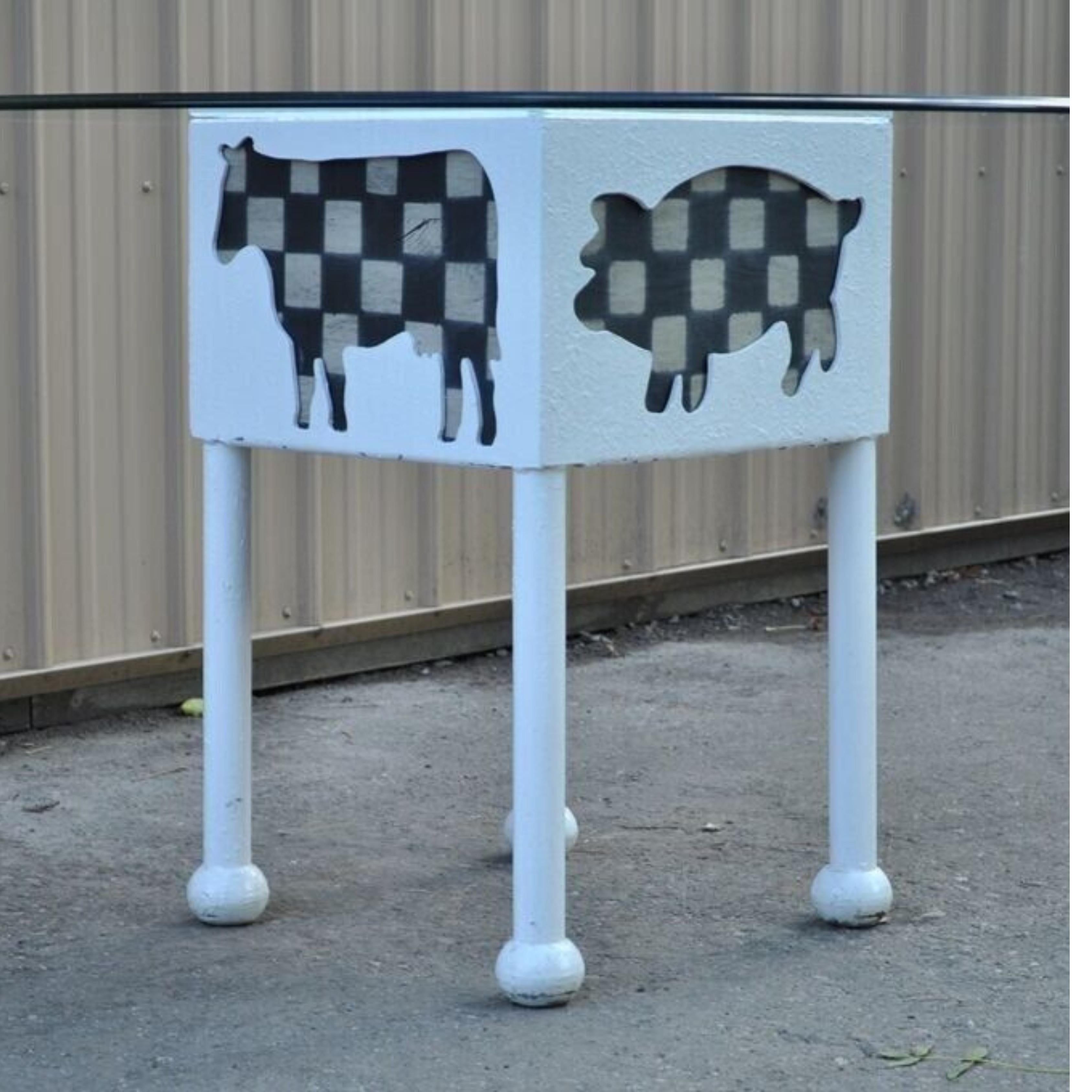 Vintage Farmhouse Cow & Pig Painted White & Black Metal & Glass Island Center Table. Item features  48