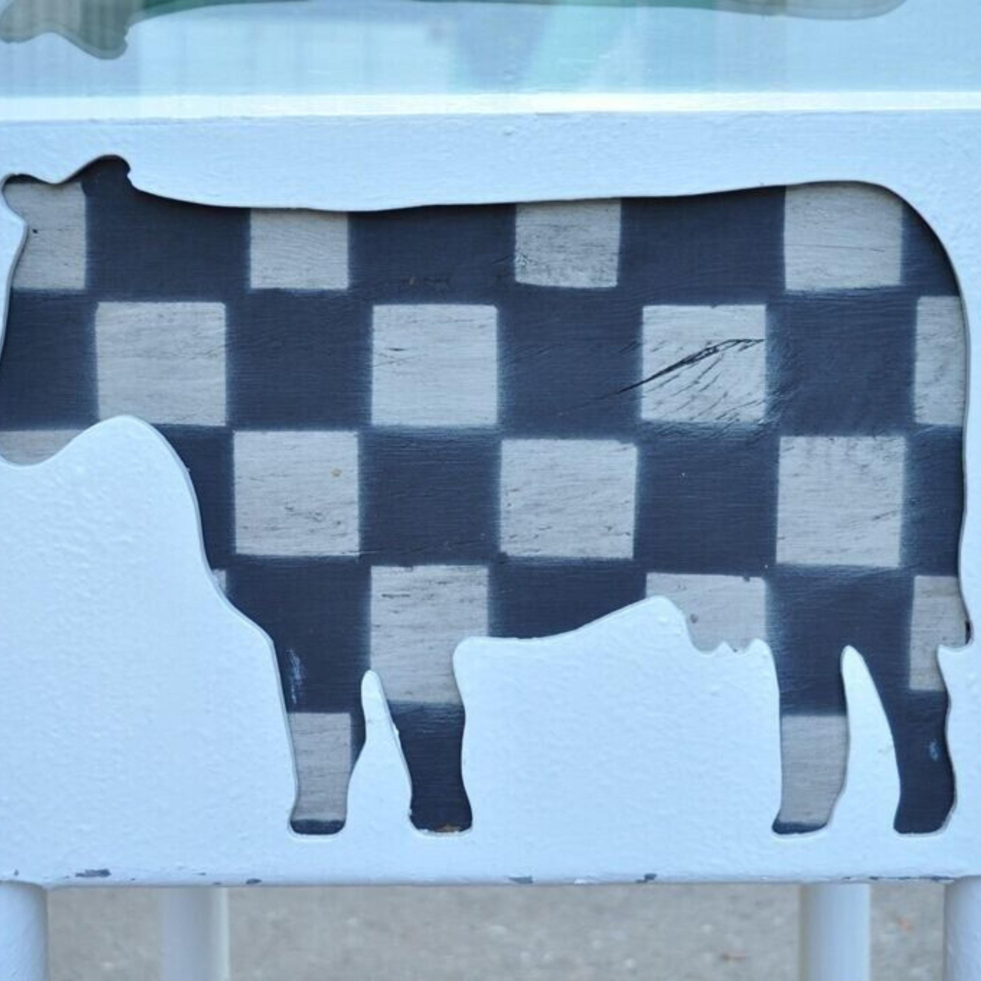 Country Farmhouse Cow & Pig Painted White & Black Metal & Glass Island Center Table For Sale