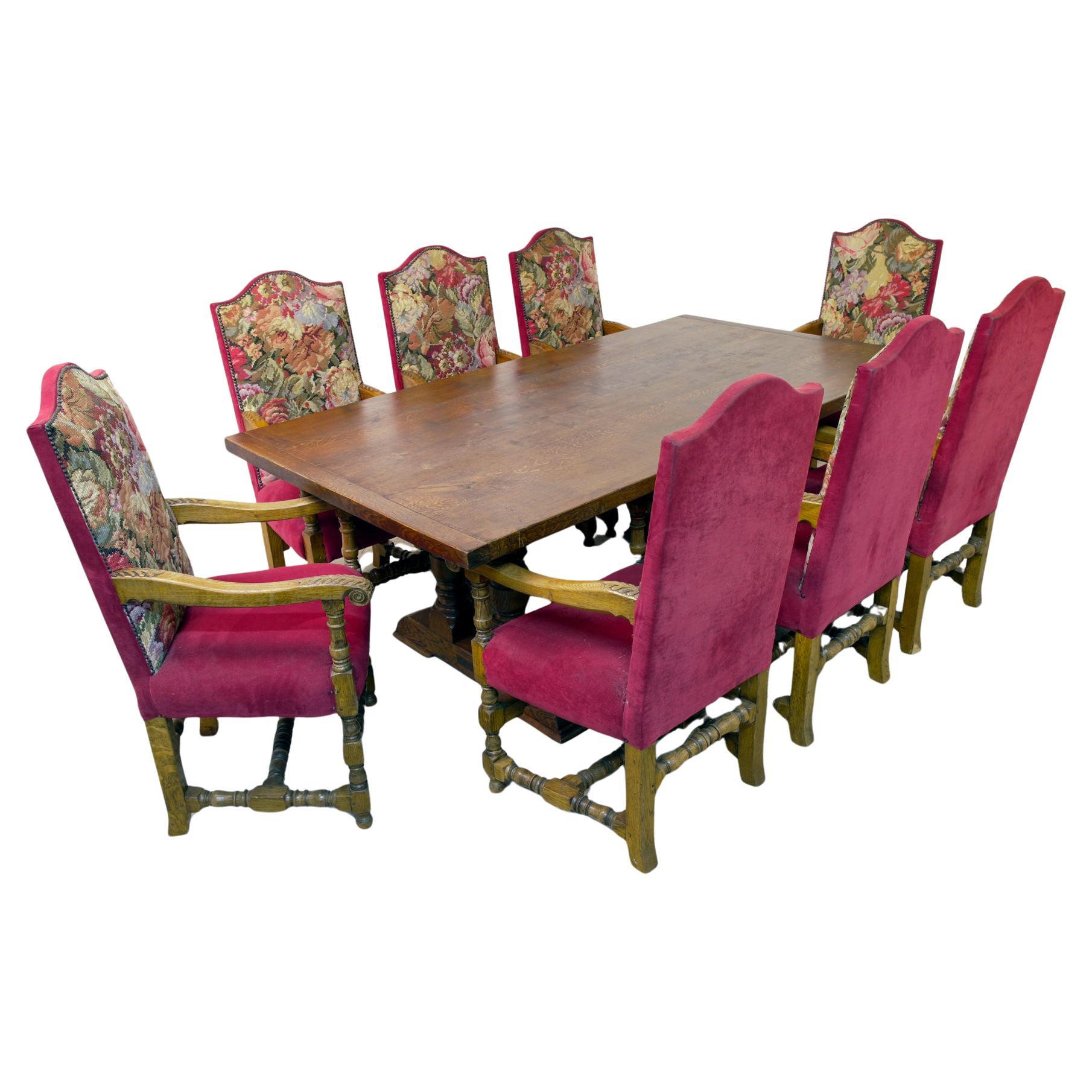 Farmhouse Dining Set Refectory Table and Jacobean Revival Chairs