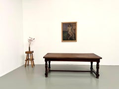 Farmhouse dining table in solid walnut, turned legs, H-stretcher, France, 1950s
