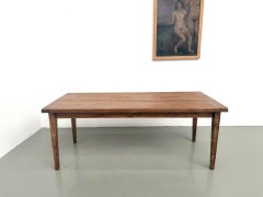 Farmhouse dining table, pegged solid oak top, pine spindle legs, France, 1950s