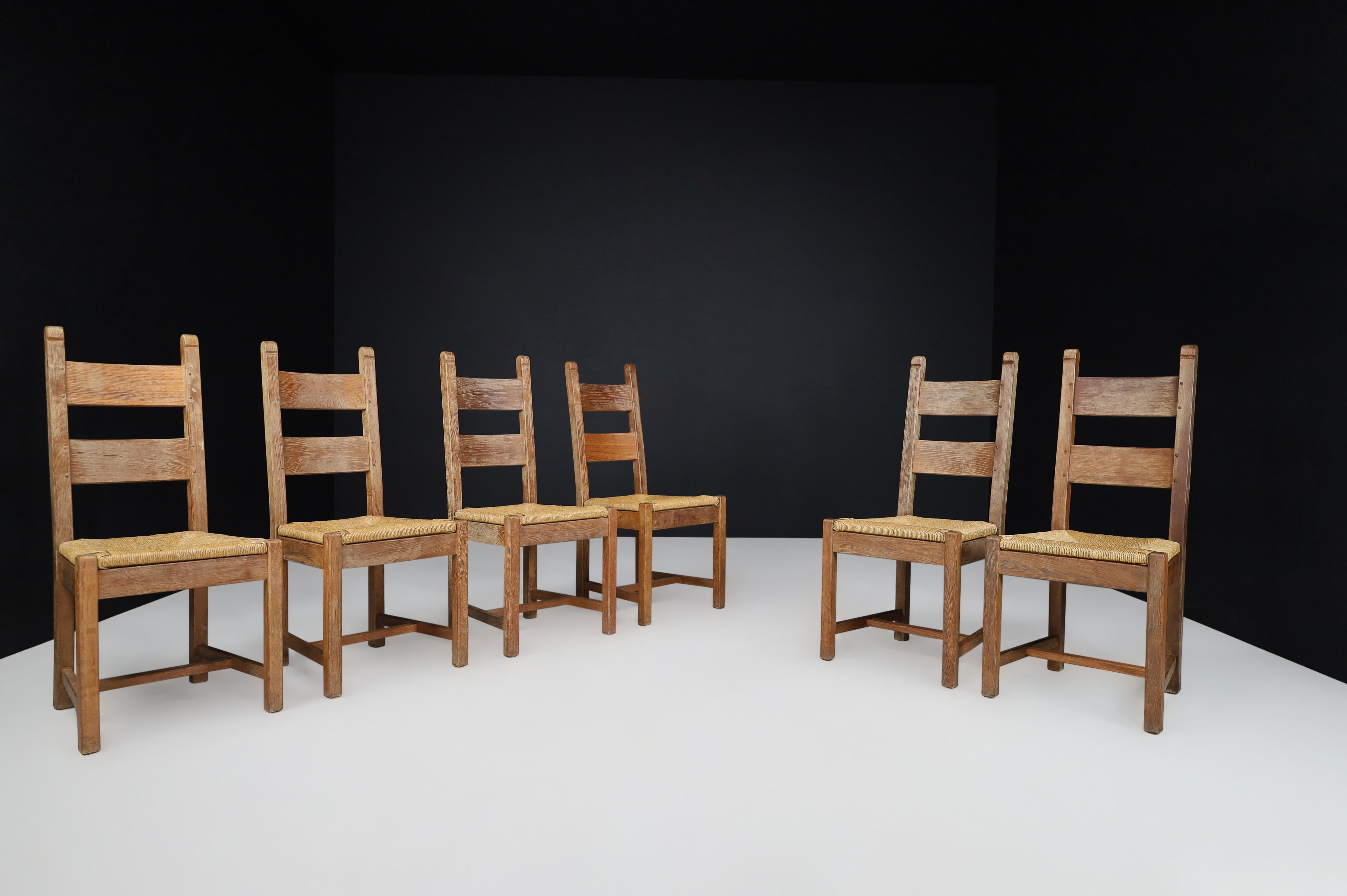 French Provincial Farmhouse Oak and Rush Dining Chairs, France, 1960s For Sale