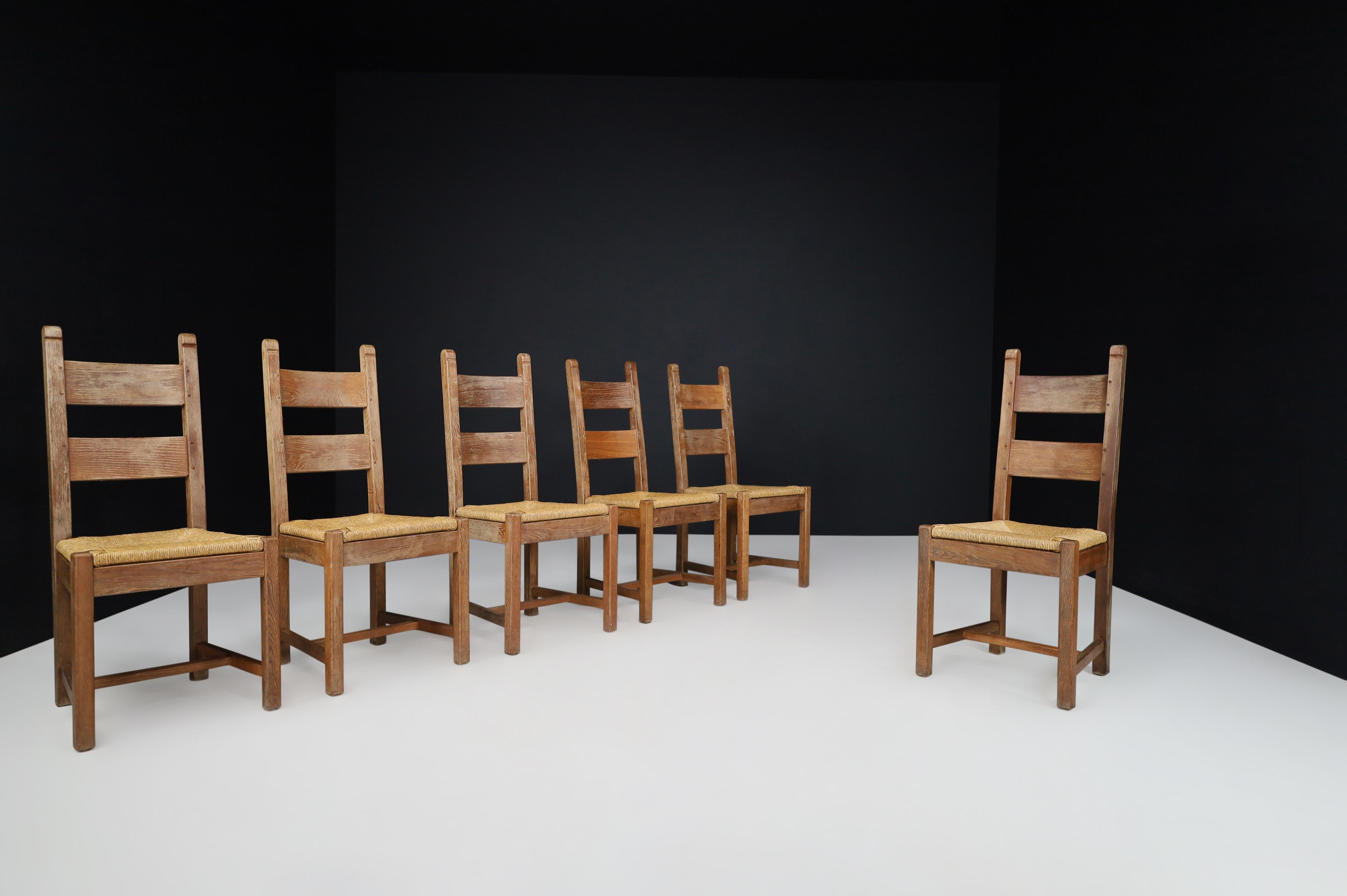 French Farmhouse Oak and Rush Dining Chairs, France, 1960s For Sale