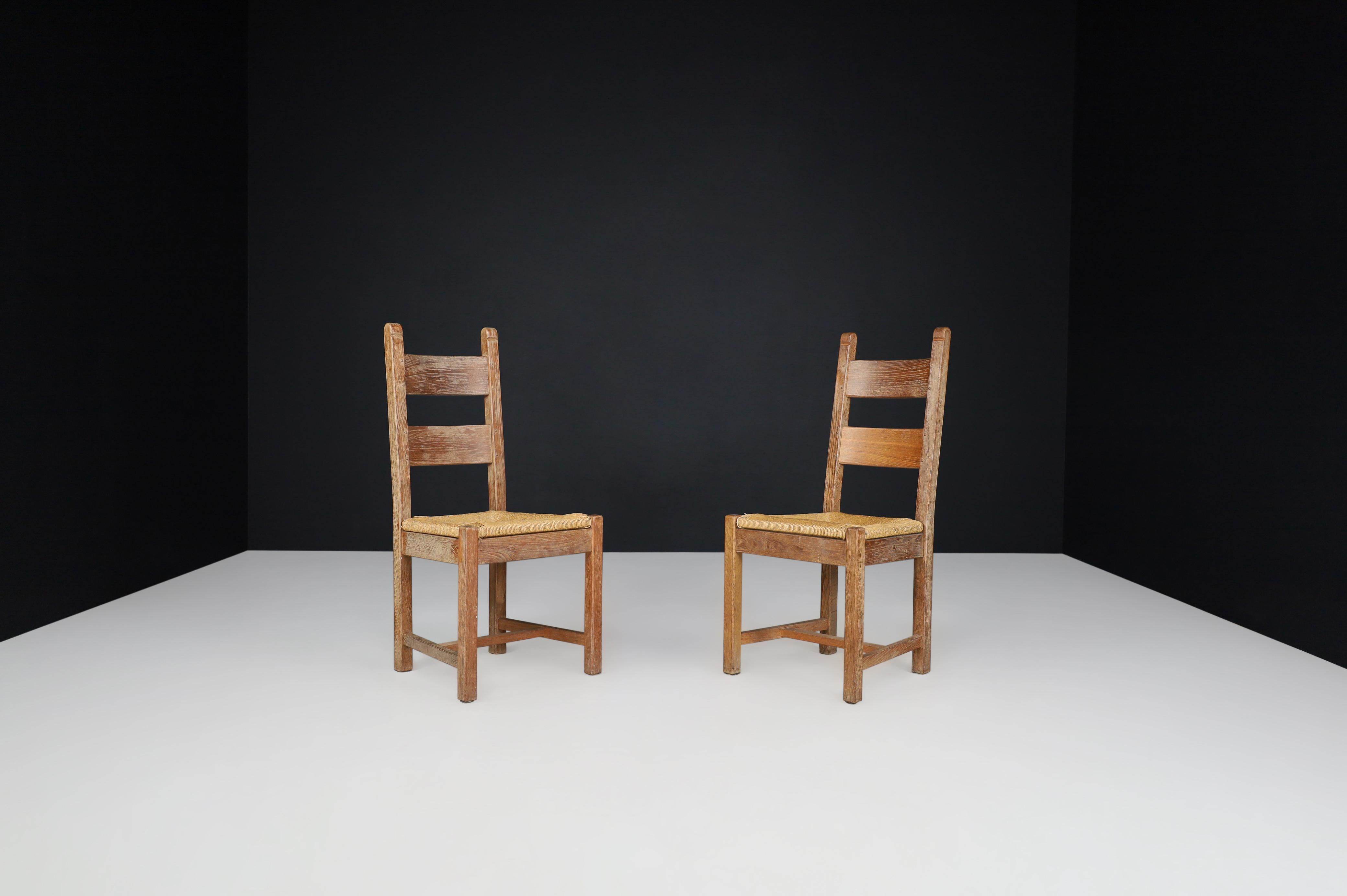 Farmhouse Oak and Rush Dining Chairs, France, 1960s For Sale 1