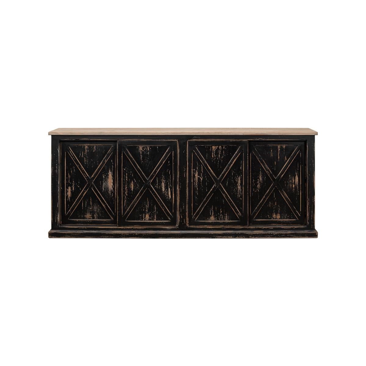 Made of pine asf painted in a distressed black paint, the top with a natural aged finish. With sliding cabinet doors to the fronts.

Dimensions: 87