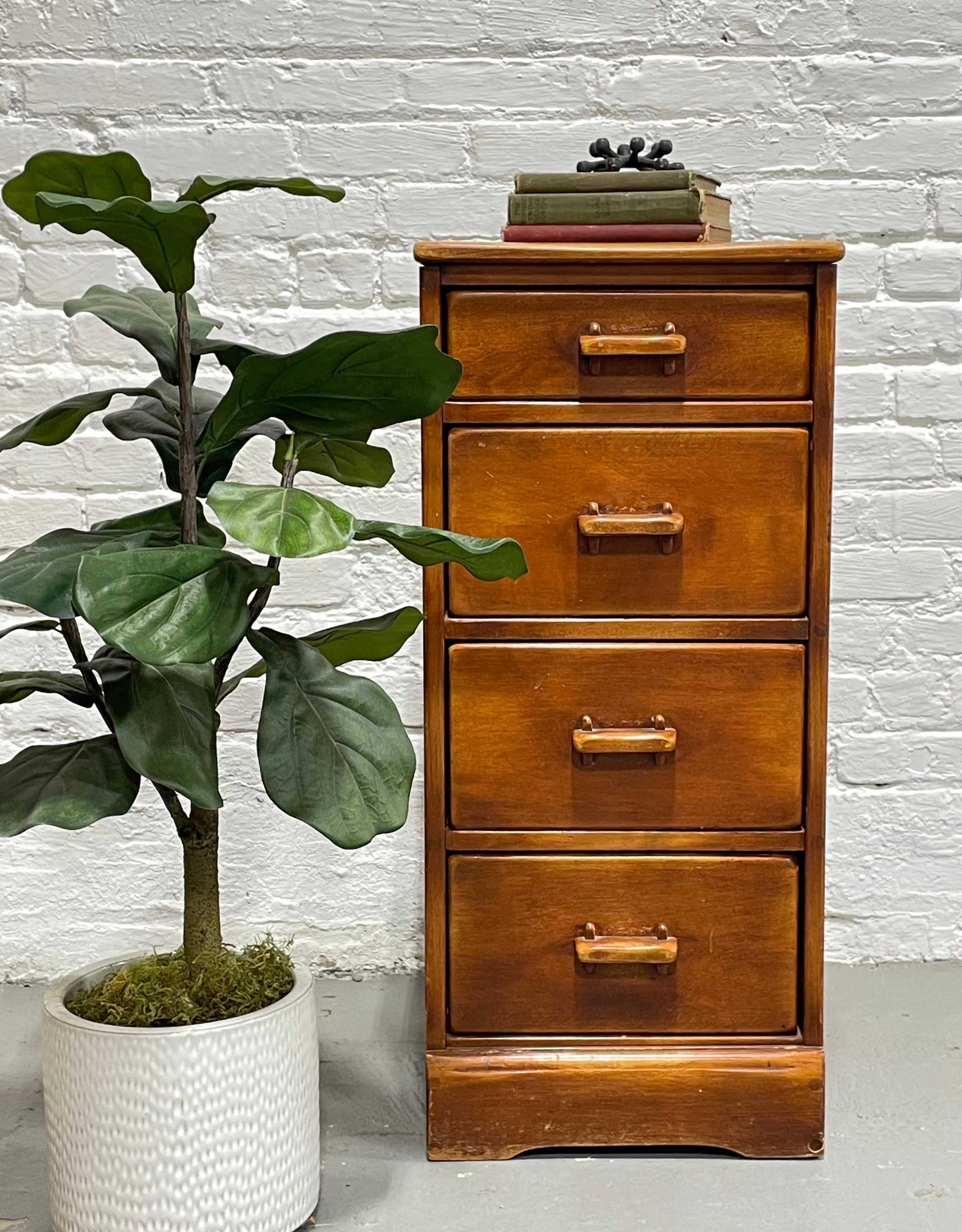 Farmhouse Solid Wood Antique DRESSER by Cushman Colonial, c. 1930's. This primitive styled piece is made from solid wood and features 4 dovetailed drawers and beautifully designed hand pulls.  Perfect as a dresser, bedside table or entryway piece. 