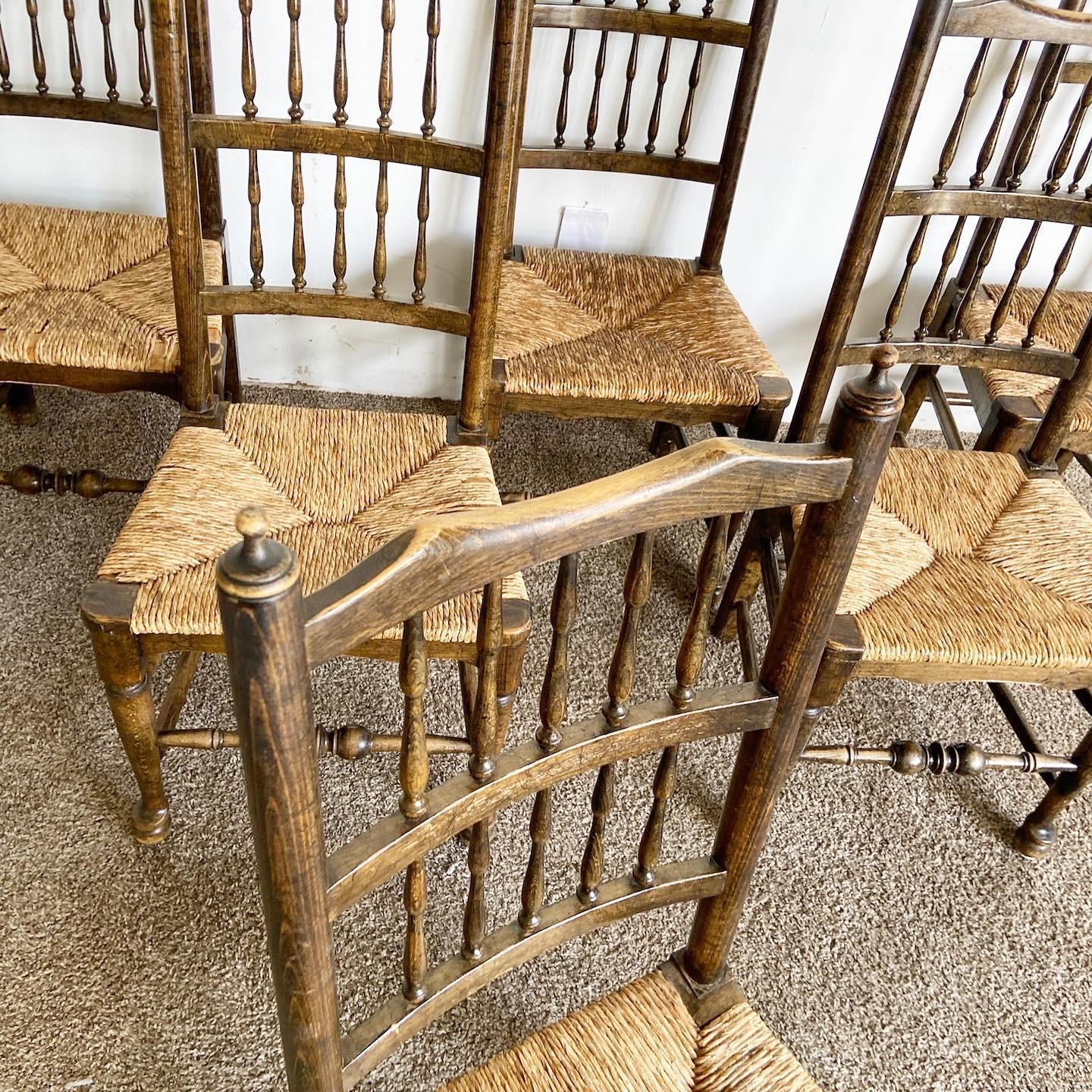 Chaises de salle à manger en bois avec dossier en fuseau et assise en jonc - Lot de 6 en vente 3