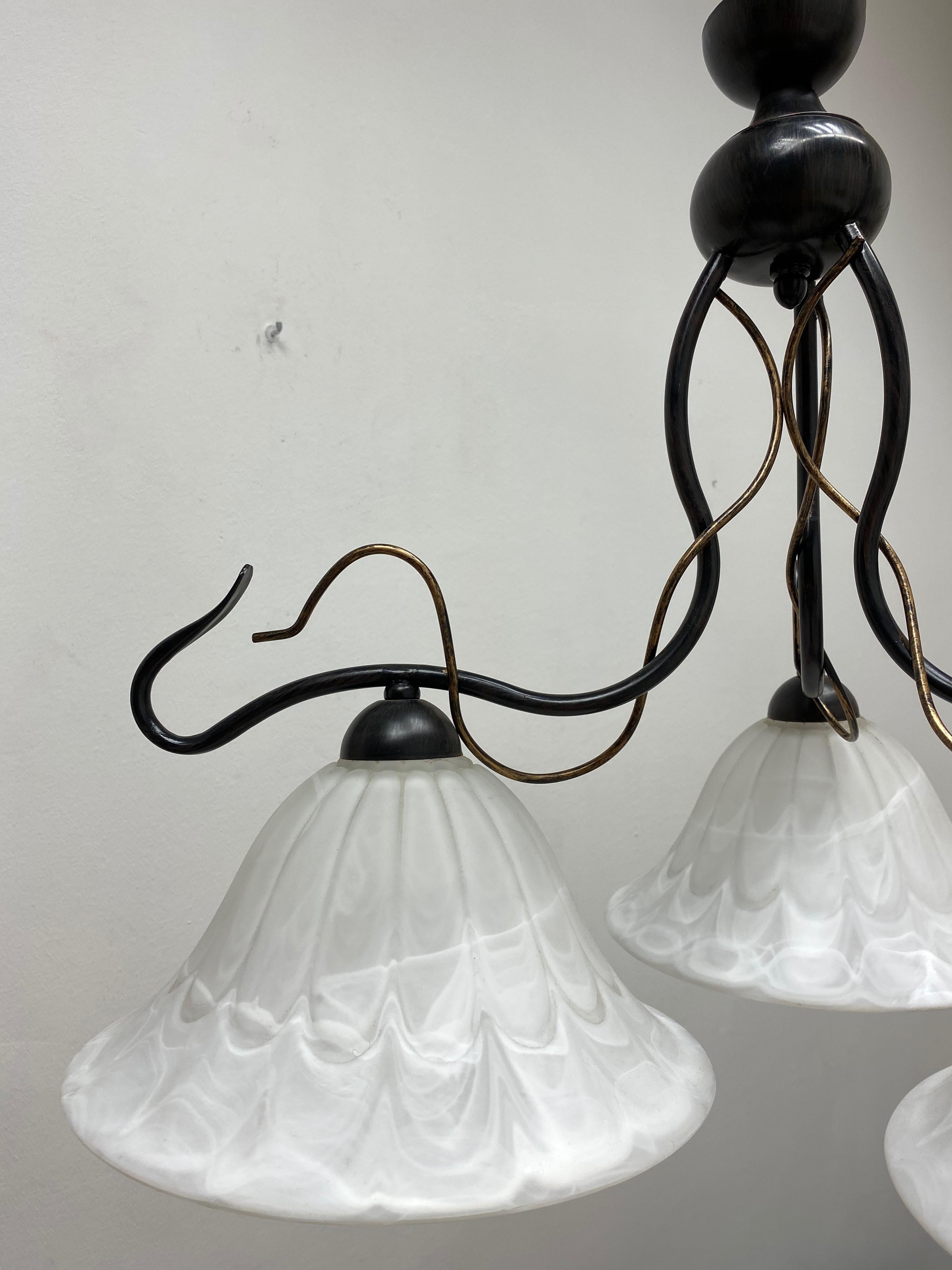 Country Farmhouse Style Chandelier Pendant Light Glass & Ebonized Metal, 1980s, Germany For Sale
