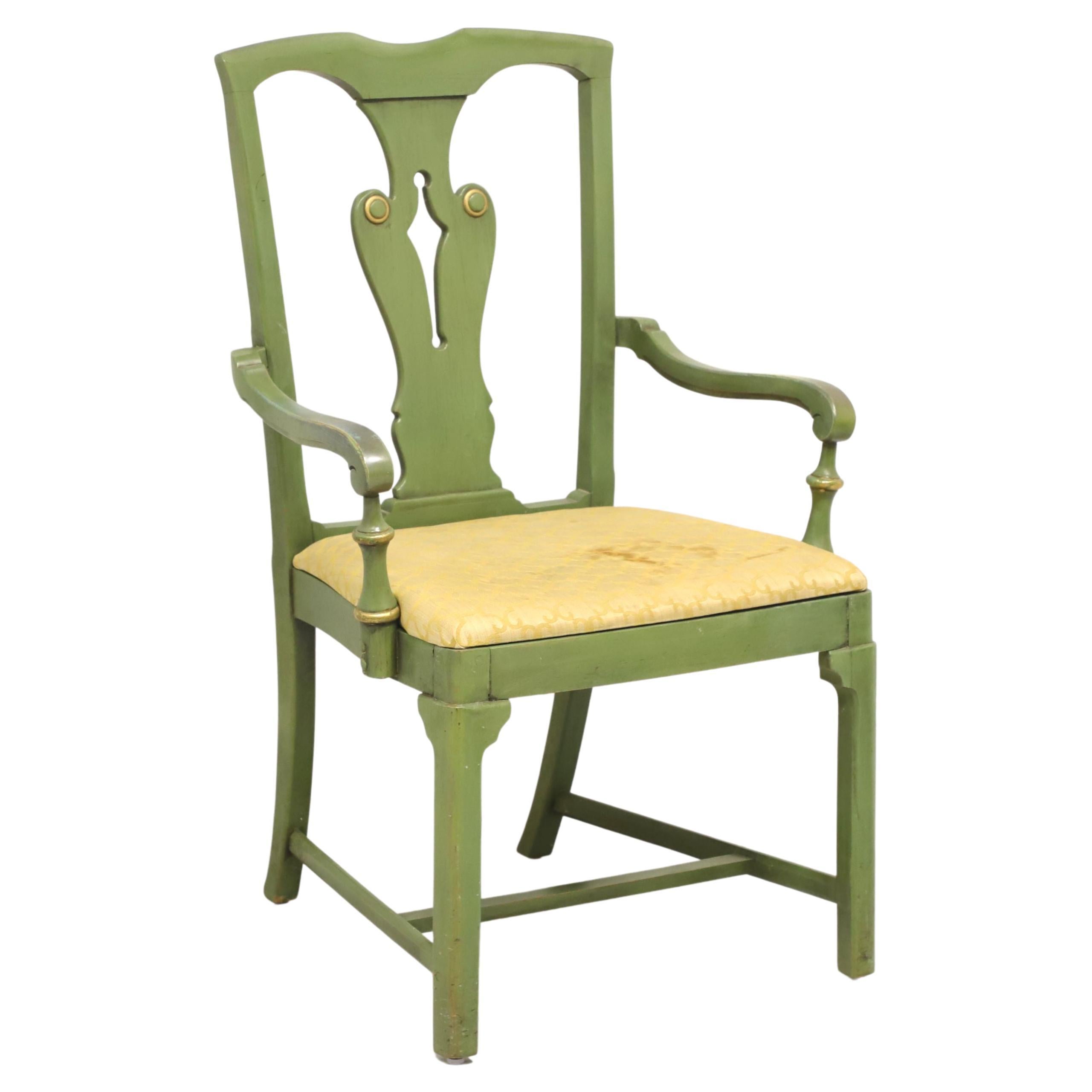 Farmhouse Style Green Painted Armchair with Distressed Finish For Sale