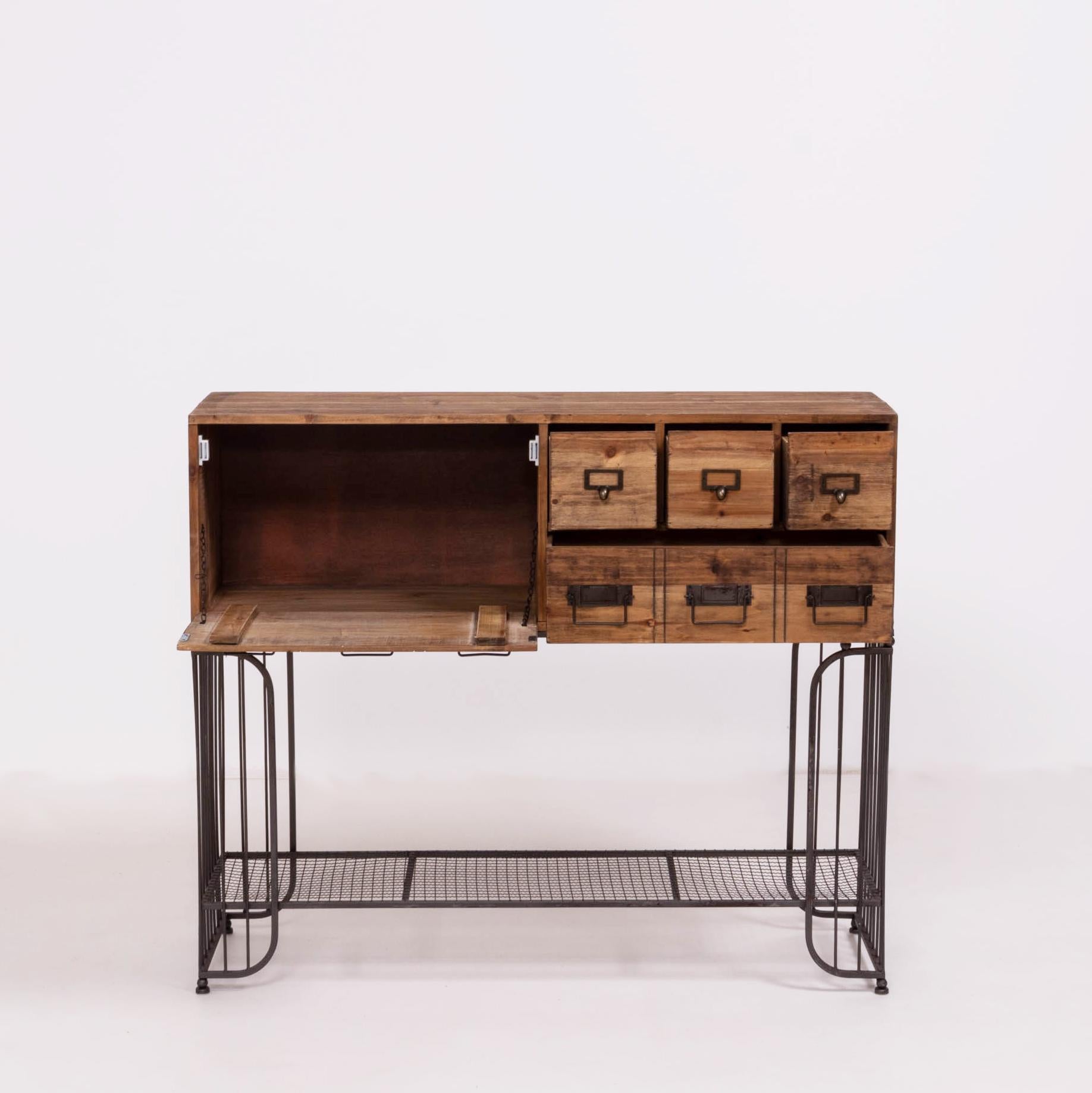 Vintage industrial styled cabinet. The left hand side opens as a cupboard door and the right hand side has three smaller pull our drawers and one larger drawer underneath.

Crafted in wood and steel, with a raw finish to show welds and markings,