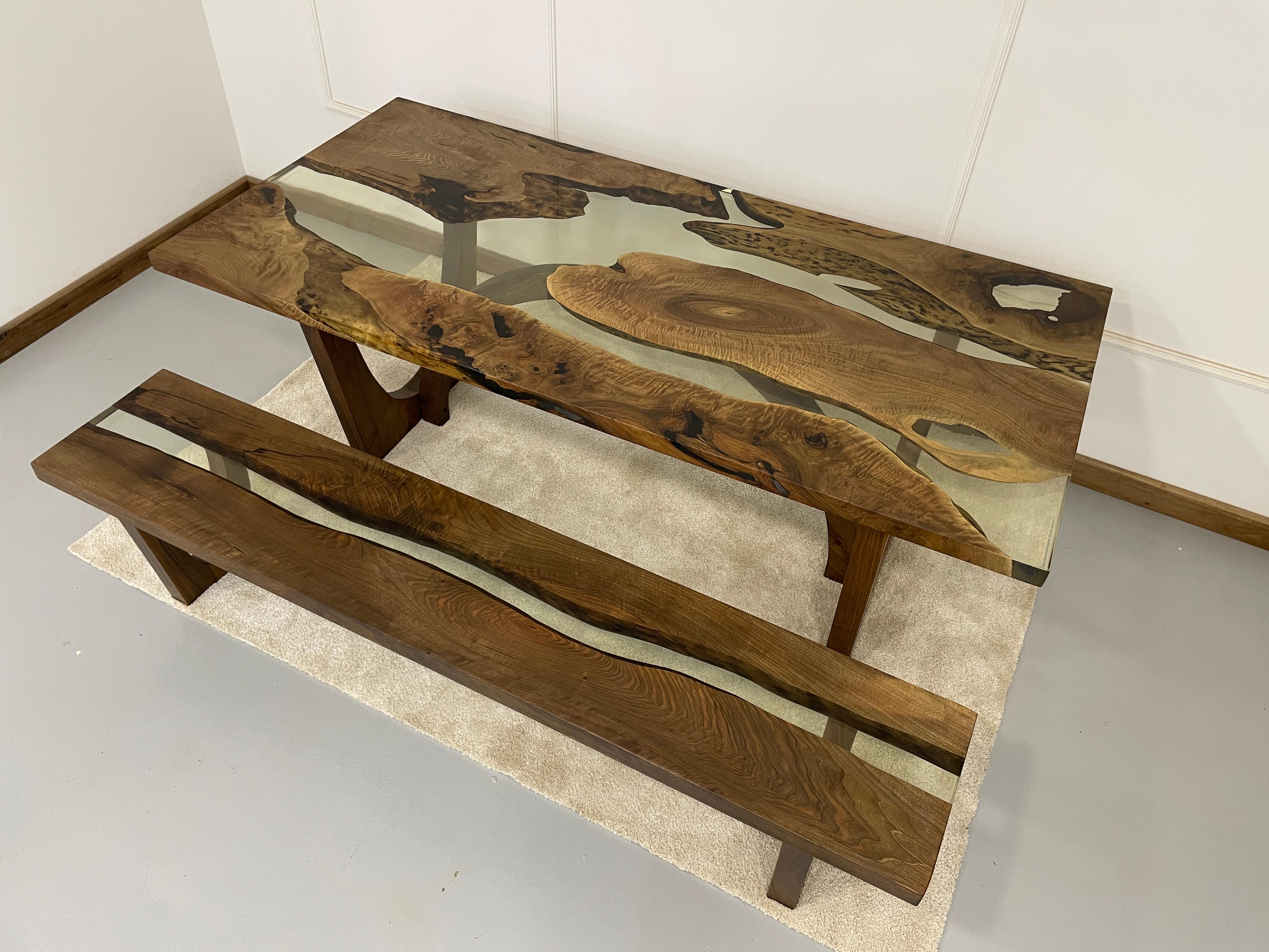 Epoxy Resin Farmhouse Style Transparent Epoxy Walnut Solid Wood Dining Table in Stock For Sale